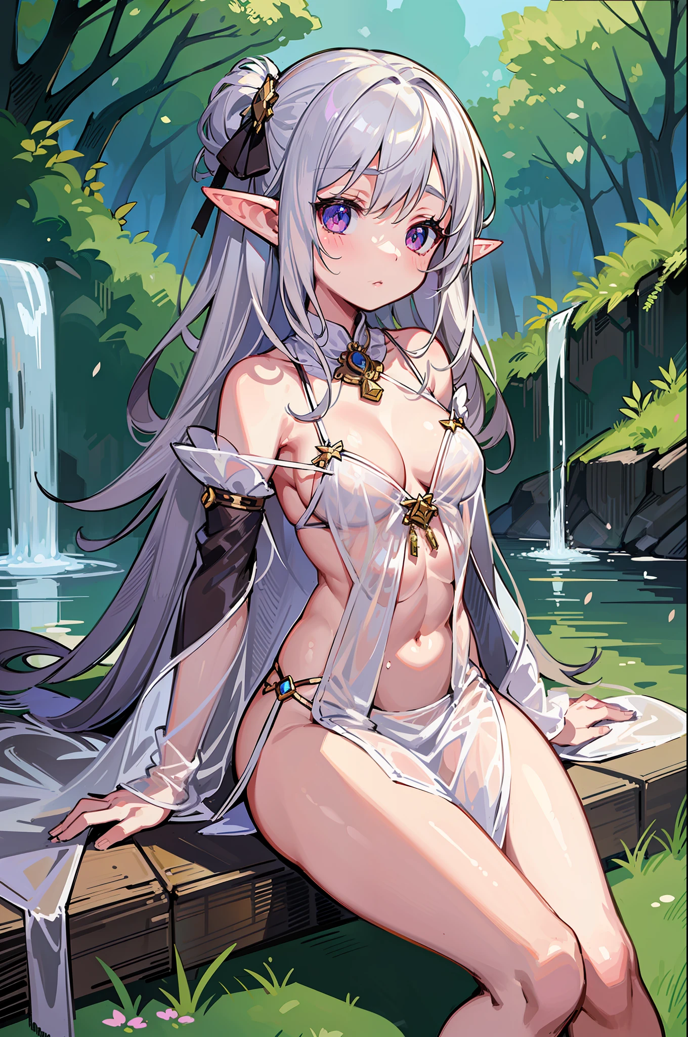 (MASTERPIECE), (Best Quality), (Ultra Detail), Official Art, One Girl, Silver-haired , Petite Littf Loli, White Seeough Robe, Small Breasts, Cleavage, Off Shoulder, Underboob, Side Boob, Thigh Focus, Navel Out, Card Illustration, Deep Forest Fountain