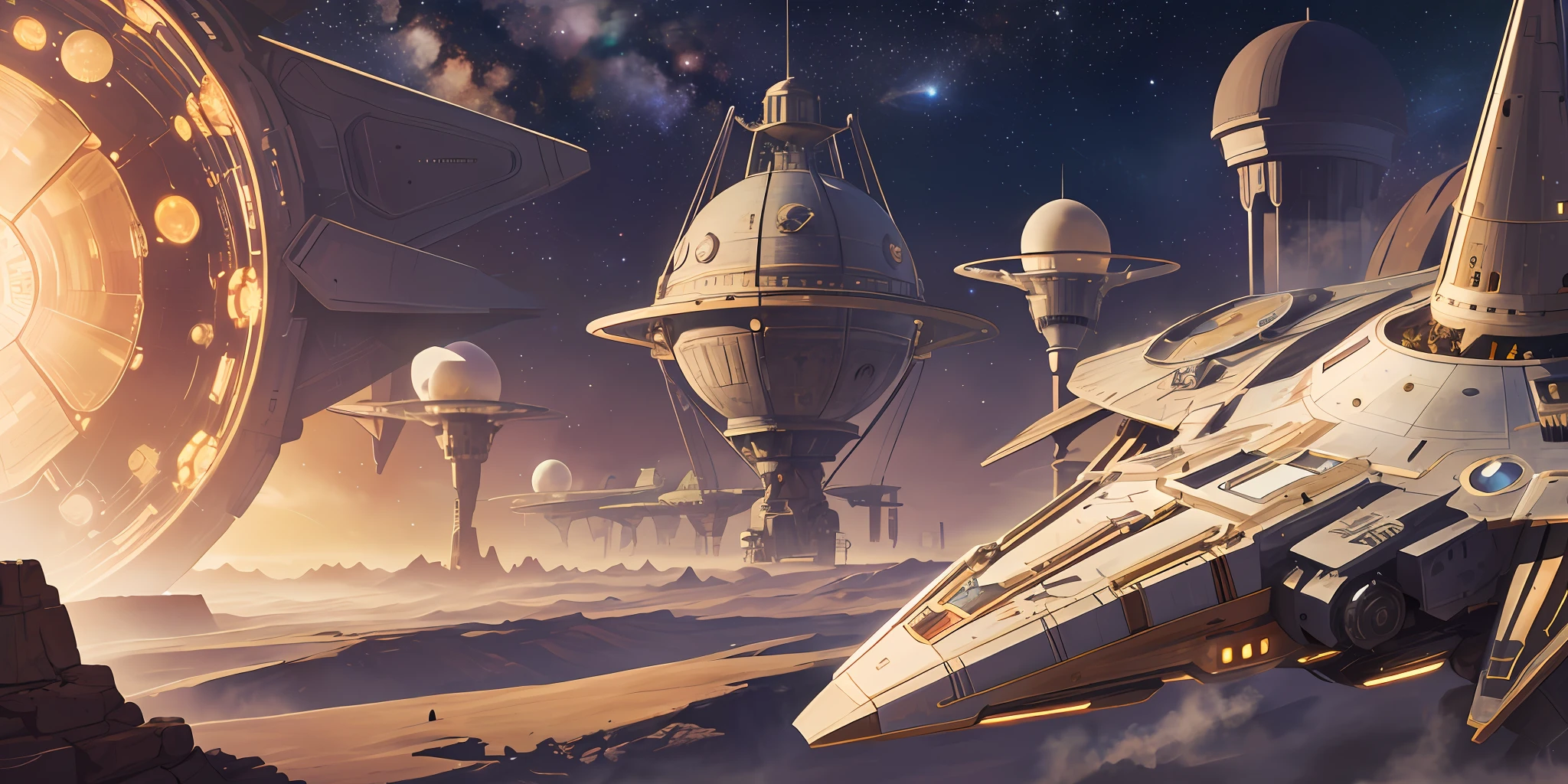 Masterpiece, Highest Quality, Best Quality, Official Art, Aesthetics :1.2), (a space ship:1.3), steam punk, intricate details, desert background, stars, planets