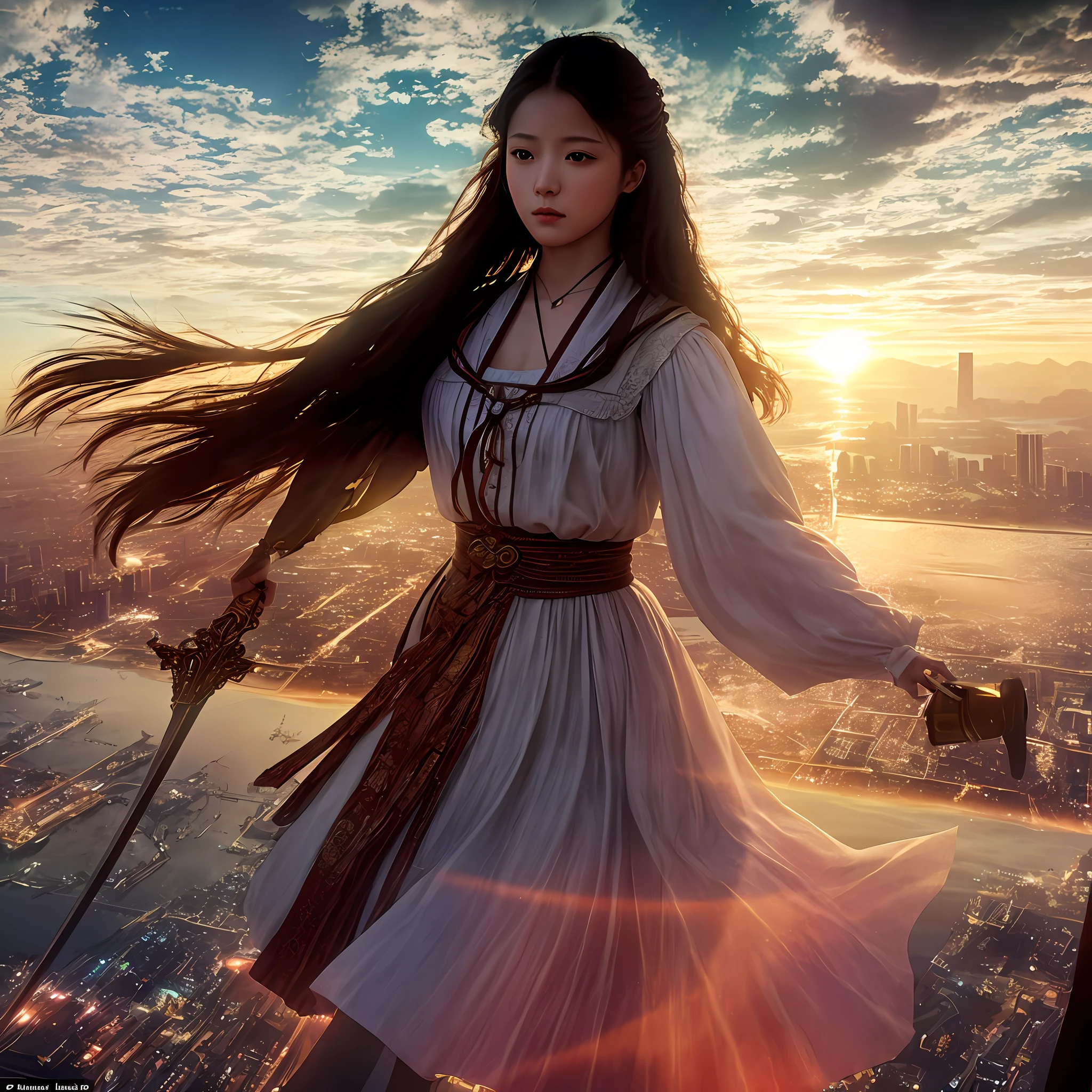 Imagine an epic scene unfolding atop a metallic airship. As the backdrop, the bustling city of Tokyo, skyscrapers reaching towards the heavens. Standing on the deck is a Japanese young girl, aged 20, donned in Gothic ta a white blouse and black skirt. In her hand, she wields a violin bow, brandishing it like a sword. Her body language is full of dynamism, as if she’s charging forward, fearlessly making her stand.
Across from her stands Leonardo da Vinci, a figure of the Renaissance period. He is garbed in traditional Italian Renaissance attire, holding a large bow, poised to counter her attacks.
The air around them is alive with luminescent equations and mathematical graphs, hovering like augmented reality symbols, adding a technological and mystical flair to the scene. These equations and graphs glow, creating optical spatial effects that add another layer of complexity to the image.
The setting sun paints the sky with hues of crimson and gold, casting long shadows and bathing the subjects in a warm glow. The river below reflects the same sunset, creating a breathtaking mirror image. Majestic clouds stretch across the skyline, further enhancing the grandeur of the scene.
The evening light illuminates both the woman and Leonardo, highlighting their intense duel atop the airship. The sun’s rays create an atmosphere of high drama and intensity, each moment captured in the golden hour. The professional lighting highlights her glossy skin and the high-quality rendering