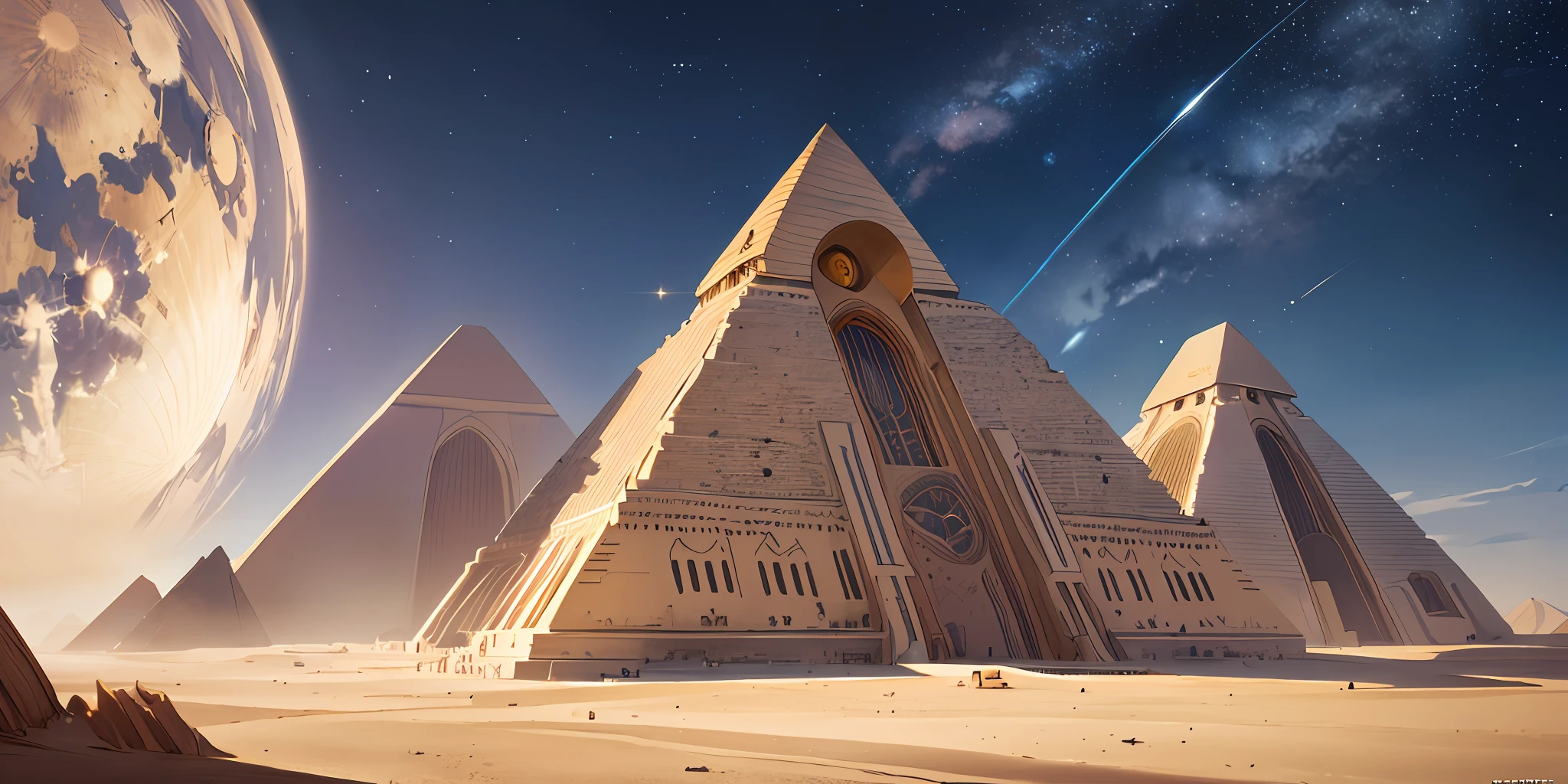 Masterpiece, Highest Quality, Best Quality, Official Art, Aesthetics :1.2), (a space ship:1.1), Egyptian, hi-tech, intricate details, desert background, stars, planets