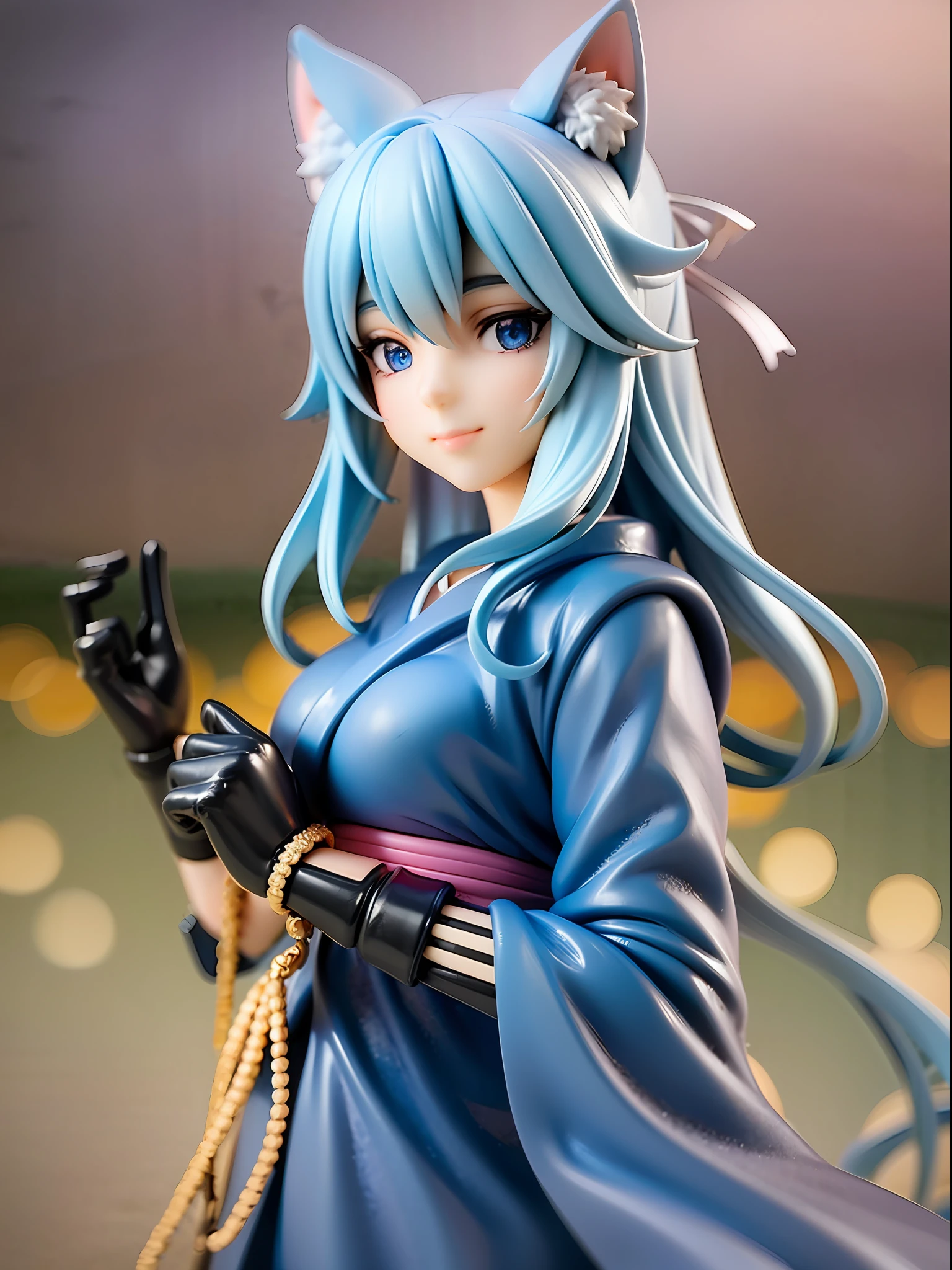 1girl, cat ears, cat tail, long blue hair, beautiful bright blue eyes, smiling, kimono, standing under a night sky with a full moon, surrounded by blue roses, [realistic], [3d], (8k, RAW photo, best quality, masterpiece:1.2), ultra high res, photo realistic, professional lighting, detailed lighting, professional photography, high quality, high res, extremely detailed, bloom, depth of field, sketch, sharp focus, soft lighting, detailed, detailed skin, to8contrast style.