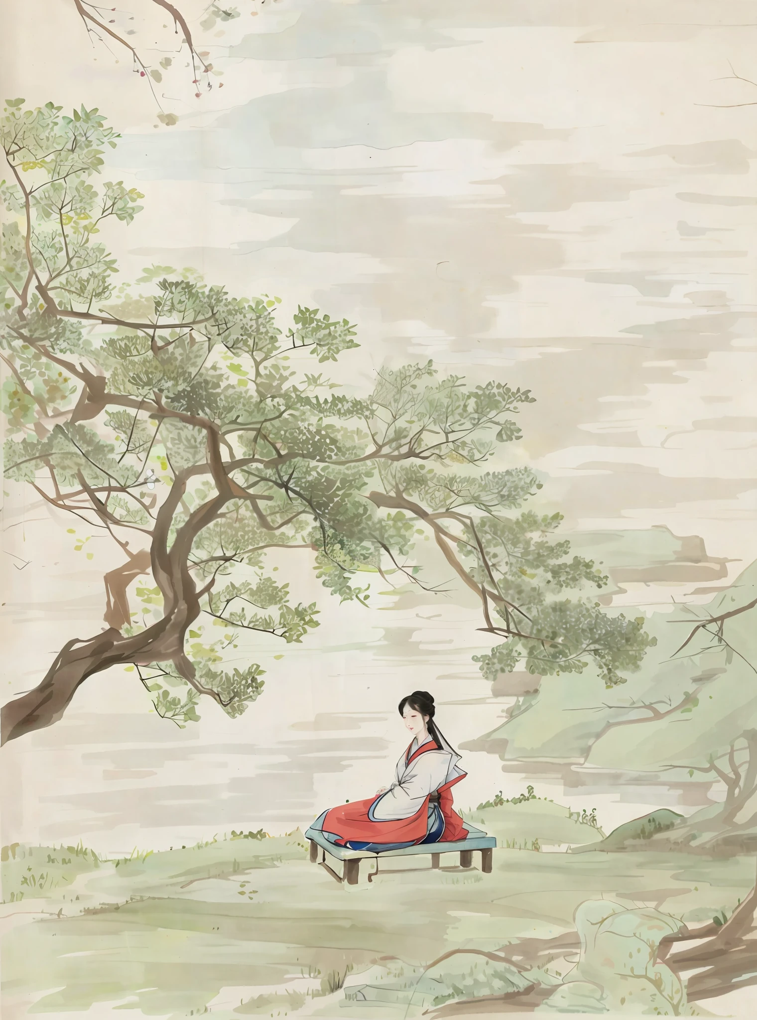 There is a long-haired woman sitting on a bench under a tree, inspired by Shen Saimdang, inspired by Shin Yoon-bok, from Shen Shizhen, Chinese-style painting, inspired by Emperor Huizong of Song, by Zheng Shan, by Guan Daosheng, by Lü Ji, Chinese painting style, inspired by Byeon Sang-byeok