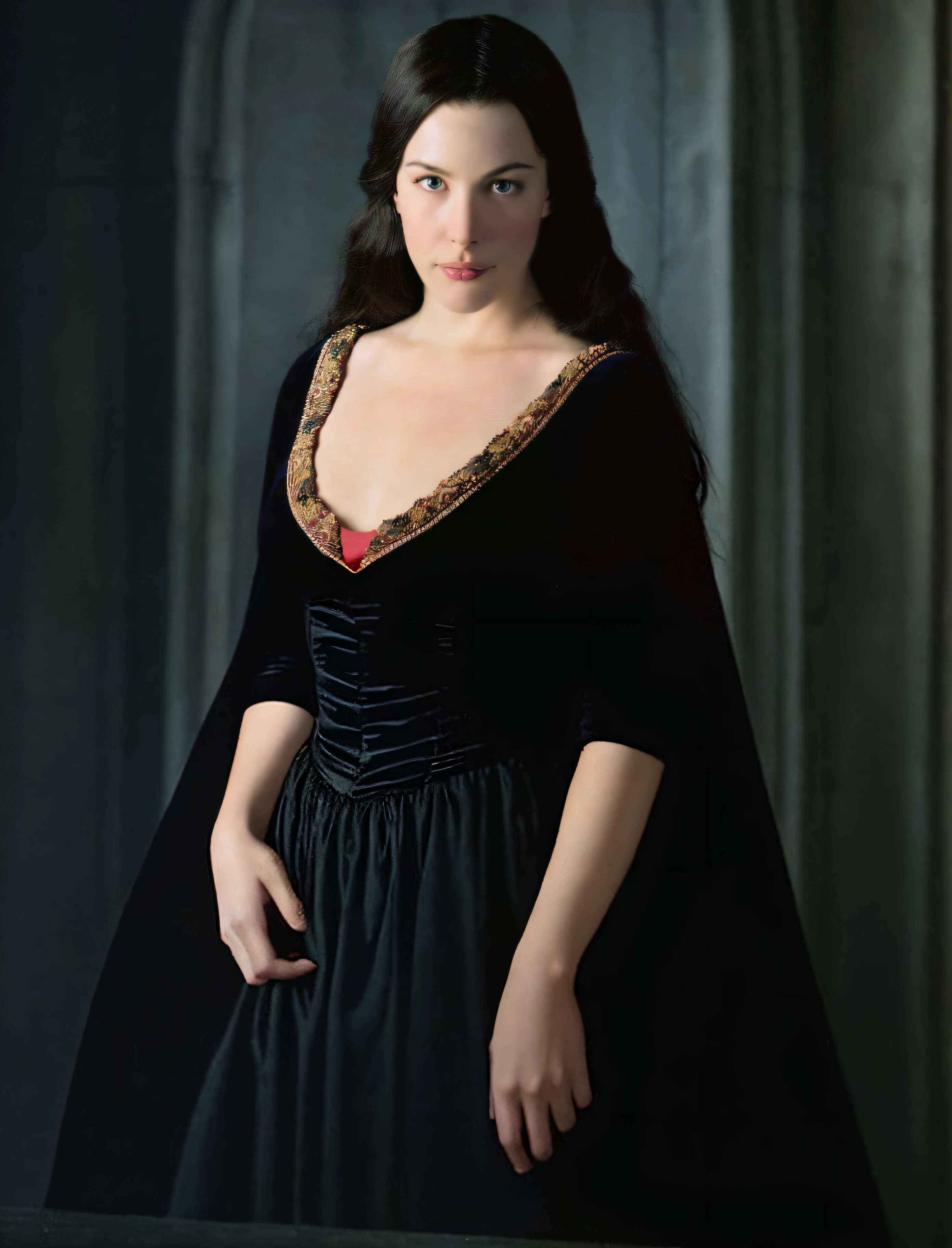 a woman in a black dress with a red top and a black background, masterpiece! portrait of arwen, liv tyler, looks like young liv tyler, arab young monica belluci, luthien, portrait of snow white, morgana, monica bellucci, as a medieval fantasy character, young arab monica bellucci, furious dark haired women