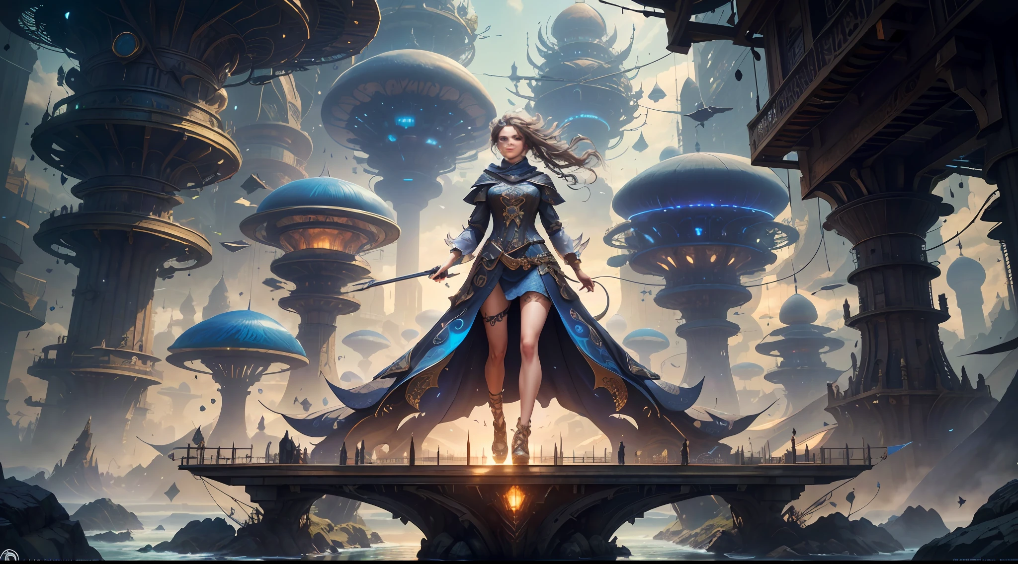 (((Multiplayer, Vivid eyes, men and women))), Best Quality, Realistic, Realistic, Award-Winning Illustrations, (Intricate Details: 1.2), (Fine Details), (Intricate Details), (Cinematic Light, Best Quality Backlight), Clear Lines, Sharp Focus, Official Art, Unity 8k Wallpaper, Ridiculous, Incredibly Absurd, Fantasy Art, RTX, ((Award-winning Triangle Studio Close-up Photo)), 1 Boy, (Shut Up), Best Quality, 4K, beautiful mysterious creatures, female, flying, surrealism, masterpiece by NCWINTERS, in a mysterious country town, masterpiece, intricate details, ff14style, urban painting, bridge, river, giant mushroom, landscape, bright colors, ((((full body image))),