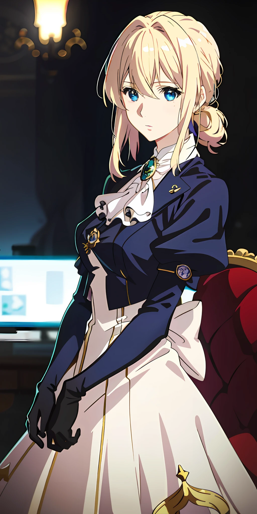 Violet evergarden, gloves, brooch, blur eyes, blonde