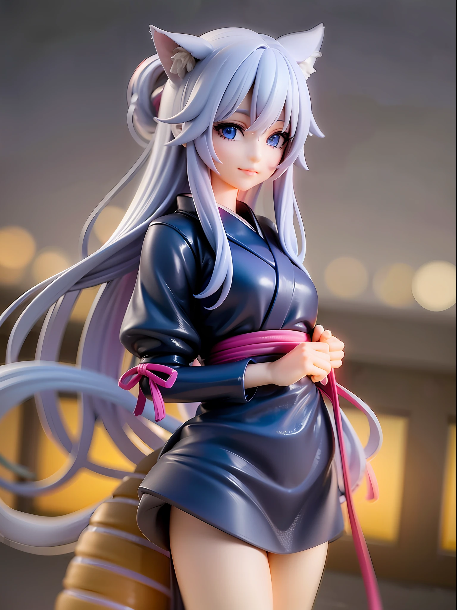 1girl, cat ears, cat tail, long blue hair, beautiful bright blue eyes, smiling, wearing a light pink kimono, standing under a night sky with a full moon, surrounded by blue roses, [realistic], [3d], (8k, RAW photo, best quality, masterpiece:1.2), ultra high res, photo realistic, professional lighting, detailed lighting, professional photography, high quality, high res, extremely detailed, bloom, depth of field, sketch, sharp focus, soft lighting, detailed, detailed skin, to8contrast style.