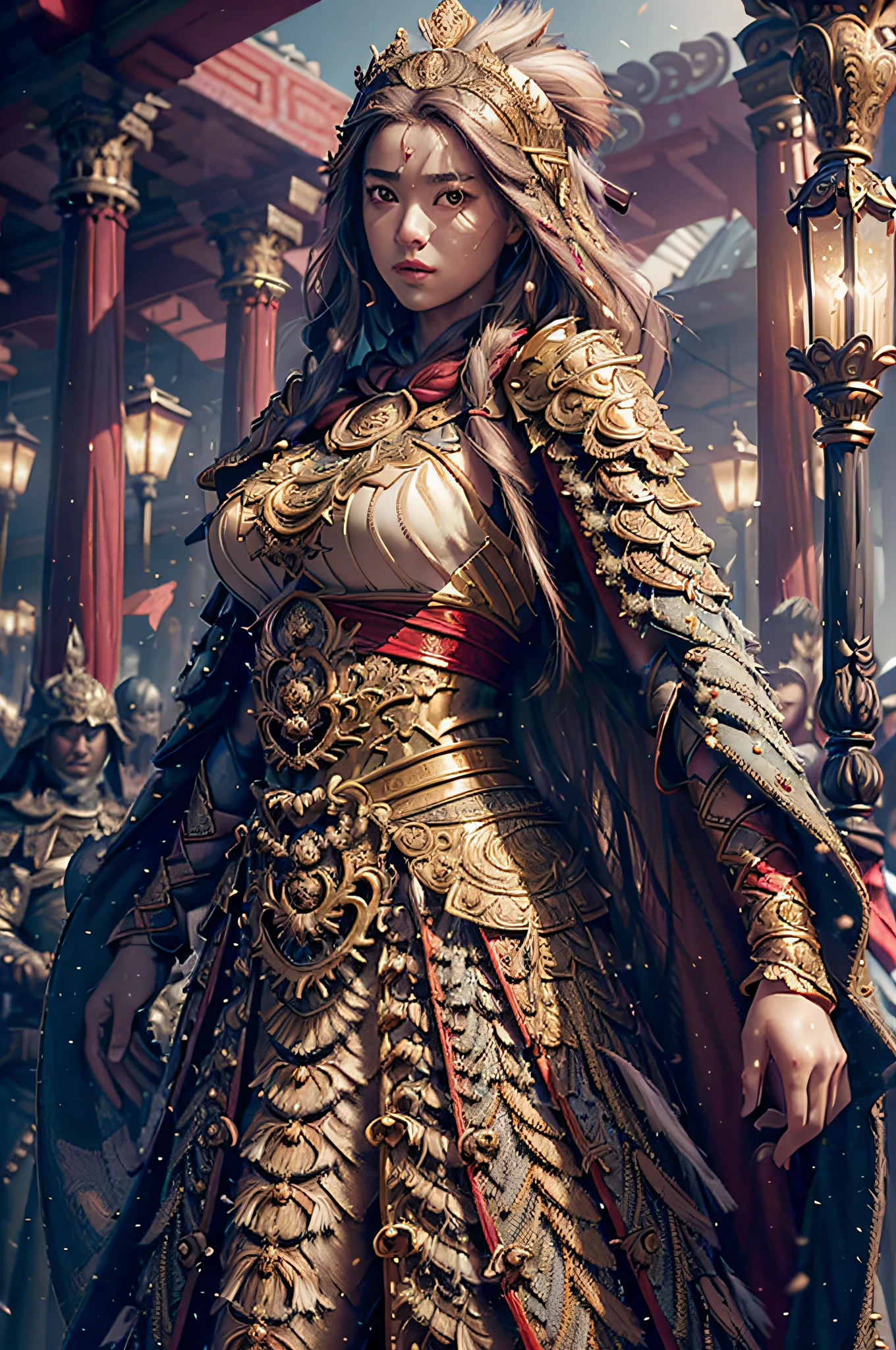 ((masterpiece))), (((best quality))), ((ultra-detailed)), (hyperrealistic), (highly detailed CG illustration), cinematic light, photorealistic ,extremely beautiful young lady, light makeup, big breast, intricate detailed eaba, red cape, spear