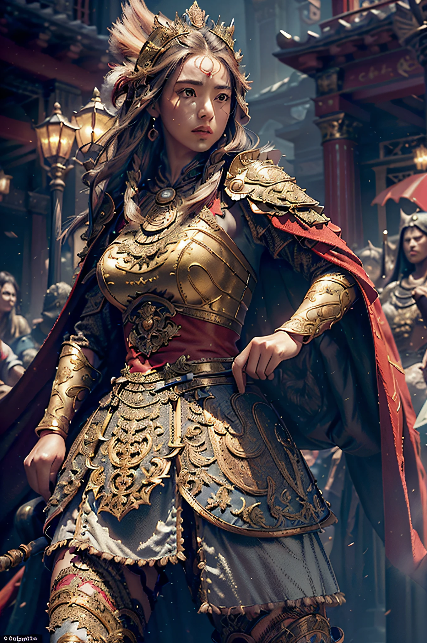 ((masterpiece))), (((best quality))), ((ultra-detailed)), (hyperrealistic), (highly detailed CG illustration), cinematic light, photorealistic ,extremely beautiful young lady, light makeup, big breast, intricate detailed eaba, red cape, spear