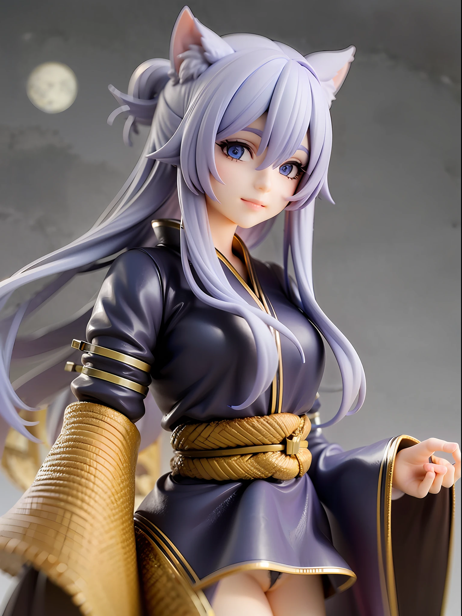 1girl, cat ears, cat tail, long blue hair, beautiful bright blue eyes, smiling, wearing a light pink kimono, standing under a night sky with a full moon, surrounded by blue roses, [realistic], [3d], (8k, RAW photo, best quality, masterpiece:1.2), ultra high res, photo realistic, professional lighting, detailed lighting, professional photography, high quality, high res, extremely detailed, bloom, depth of field, sketch, sharp focus, soft lighting, detailed, detailed skin, to8contrast style.