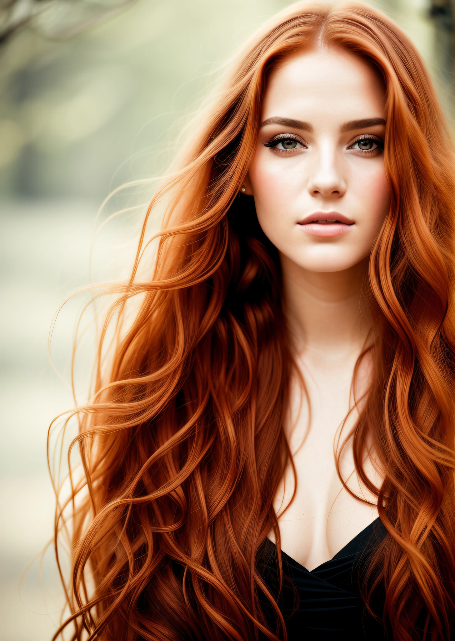 RAW, style, A stunning portrait of a young and beautiful woman with striking features. She must have long red hair, a captivating look and a seductive expression. The background should be neutral and simple, allowing the woman to be the focal point of the image. Please pay close attention to details, such as highlights and shadows on your face and hair, to create a realistic and realistic image. Try different lighting techniques to improve the mood and atmosphere of the portrait. The final product should be a masterpiece that captures the essence and beauty of the woman, ((highly detailed skin, skin details)), sharp focus, volumetric mist, 8k UHD, DSLR, high quality, film grain, Fujifilm XT3, full body
