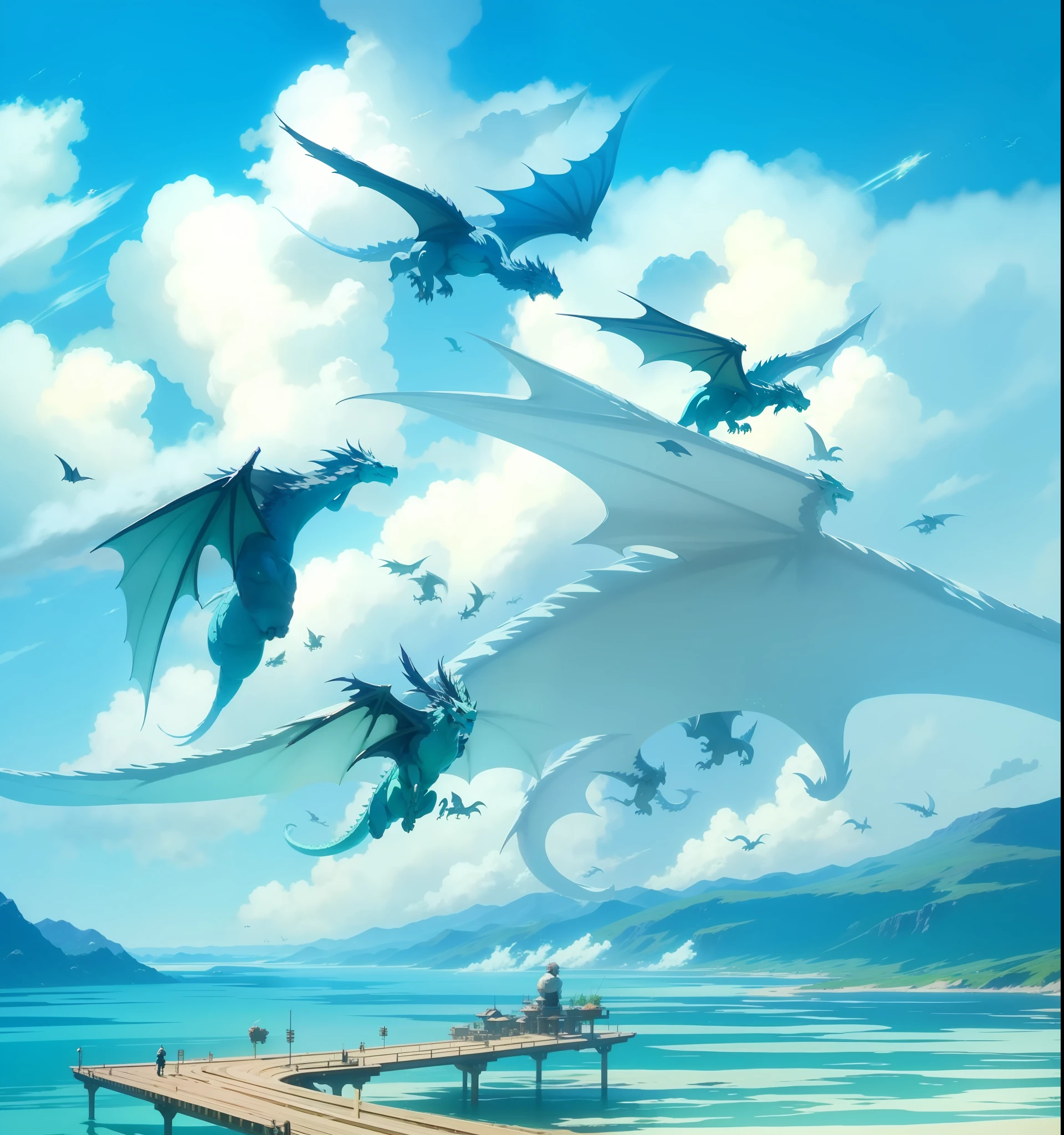Dragons flying through the sky, Anime art style, Makoto Shinkai, Studio Ghibli, Particles