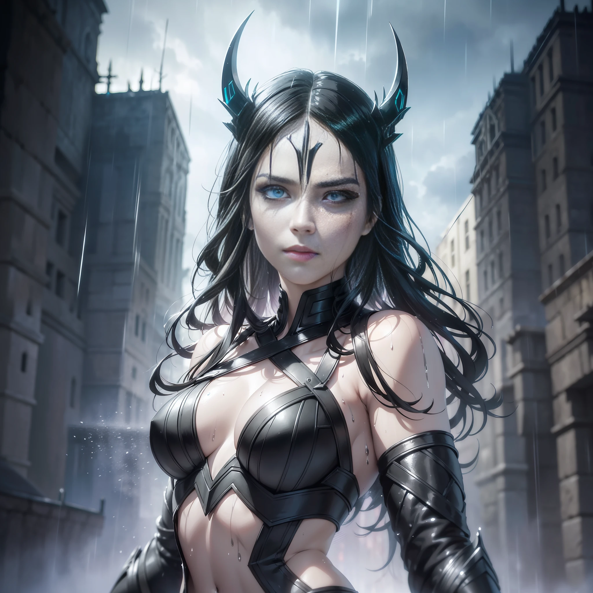 Hela from the movie Thor: Ragnarok, ((perspective)), bottom view, rain, ((body visible in full)),wet hair, ((black eyeliner under the eyes))(masterpiece, best quality, super detailed, best shadow), (detailed background, dark fantasy), (beautiful detailed face), high contrast, (best lighting, very gentle and beautiful), ((cinematic light)), colorful, hyper-detailed, dramatic light, intricate details