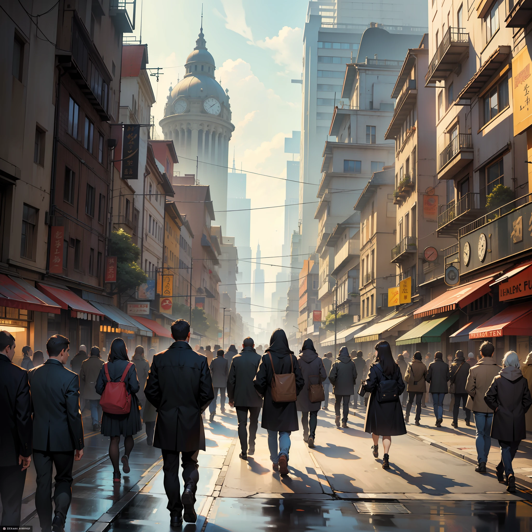 ((realistic: 1.5)),((best quality)), ((masterpiece)),((detailed)), scenery, bustling city, people walking on the street