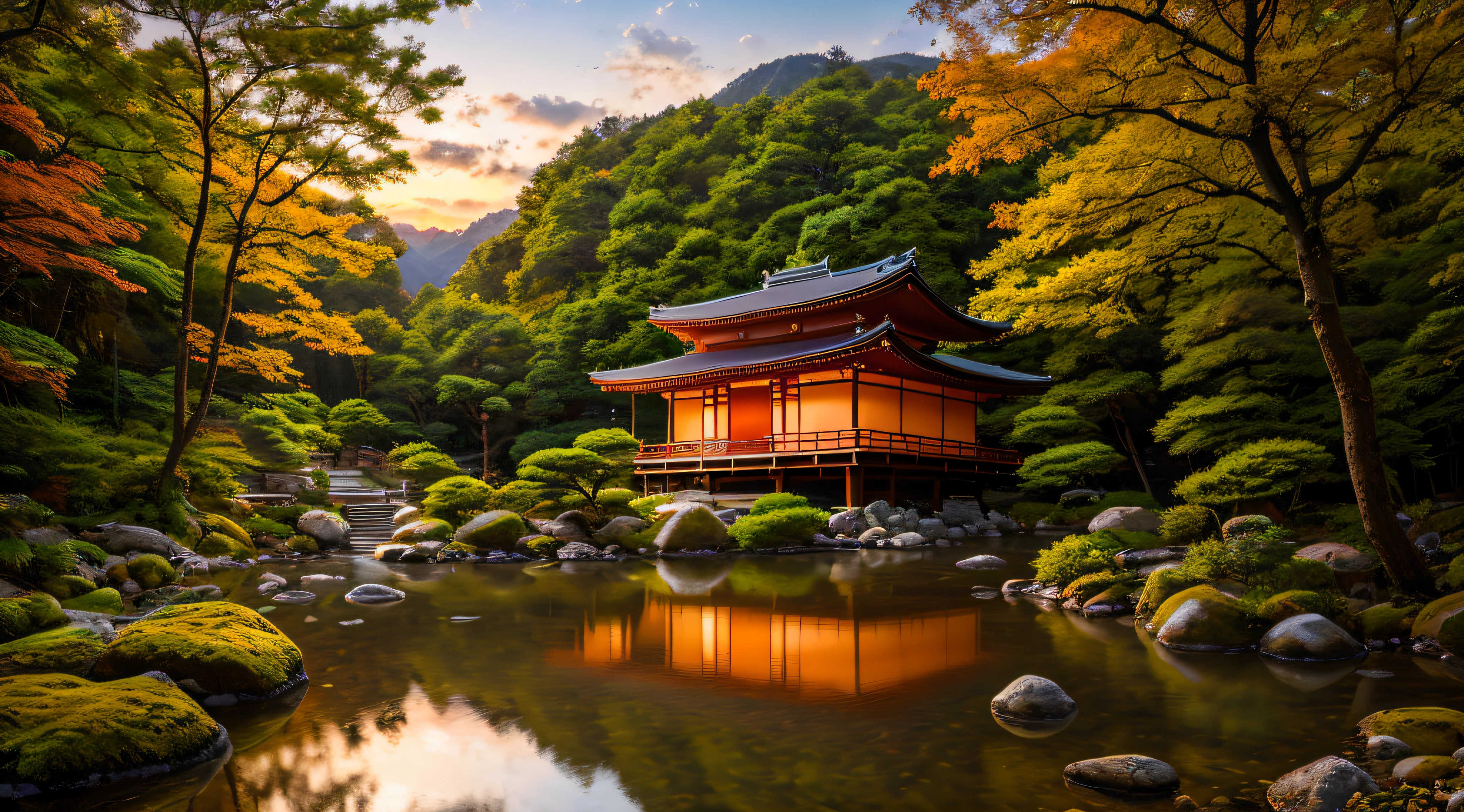 8K, Best Quality, Masterpiece, Ultra High Definition, (Photorealistic:1.4), Raw Photos, Best Quality, Masterpiece, Beautiful Wild and Nature Fantasy Landscapes with Glowing Light, RAW Photos, High Quality, Photorealistic, 8K UHD, DSLR,20 Megapixels, Japan Garden, Temple