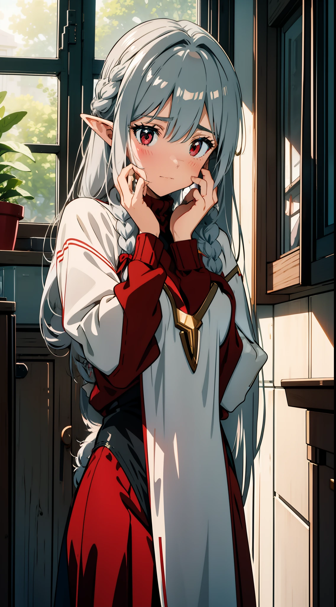 Close up portrait of one girl, elf, silver hair, red eyes, braid, bunny girl, leotard, indoors, putting both hands on their face, embarrassed, blush, concept art, beautiful anime scene, best quality, 4K