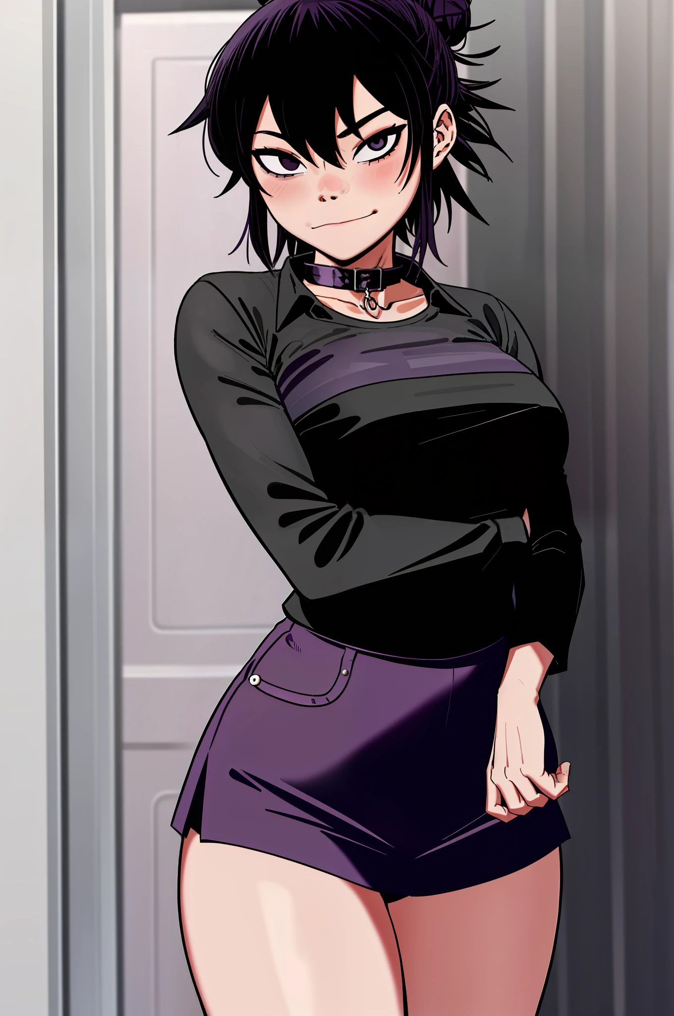 noodles (Gorillaz), masterpiece, best quality, 1girl, solo, hair between eyes, black shirt, hips, shirt, purple hair, skirt, striped, long sleeves, black skirt, layered sleeves, cowboy shot, chain, blush, black thighs, medium hair, looking at the viewer, bangs, short and long sleeves, short sleeves, standing, openwork nets, striped sleeves, closed mouth, alternative costume, pleated skirt, hair bun, collar,  sexy pose, ahegao, blush, tight-fitting clothes, panties