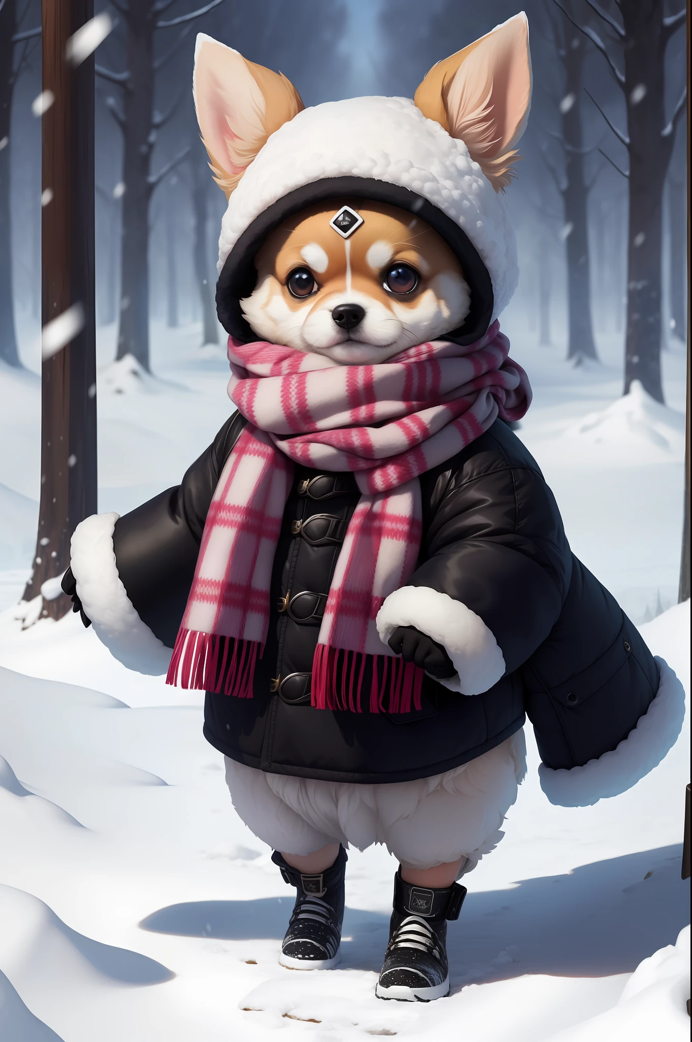 Style-NebMagic, Portrait of a round fluffy chihuahua DOG wearing a scarf made of Style-SylvaMagic in the snow, running, by Ismail Inceoglu, Gazelli, James Jean, Anton Fadeev and Yoshitaka Amano, insanely detailed, 8k resolution, digital art, trends in fashion arts station, vibrant colors, chibi style, a masterpiece, adorable and friendly