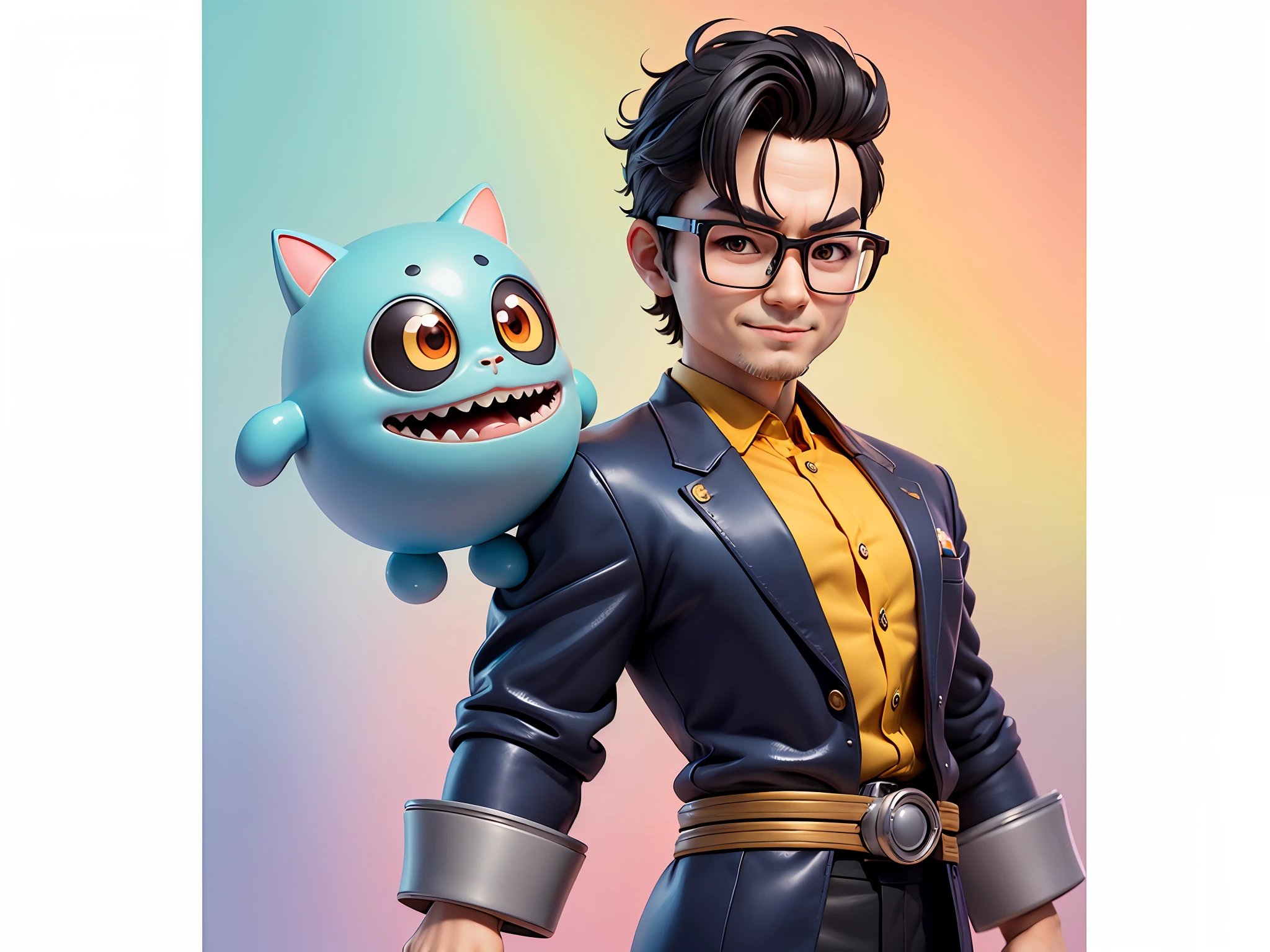 Masterpiece), (Excellent), (Super Meticulous), (Full Body: 1.2), Super Young Woman, Beautiful, Sexy, Bursting, Oriental Face, TV Anchor, Bust Portrait Illustration, Alone, Black Suit, Blue Tie, Silver Glasses, Slightly Chubby Face, Very Clean Face, No Beard, Black Super Short Hair, Black Eyes, Confident Smile, 3c Computer Sub-Products, iPad, iPhone, Digital Painting, 3D Character Design by Akira Toriyama with Mark Claireden and Pixar and Hayao Miyazaki, The illustration is a high-definition illustration in 4K resolution with very detailed facial features and cartoon-style visuals.