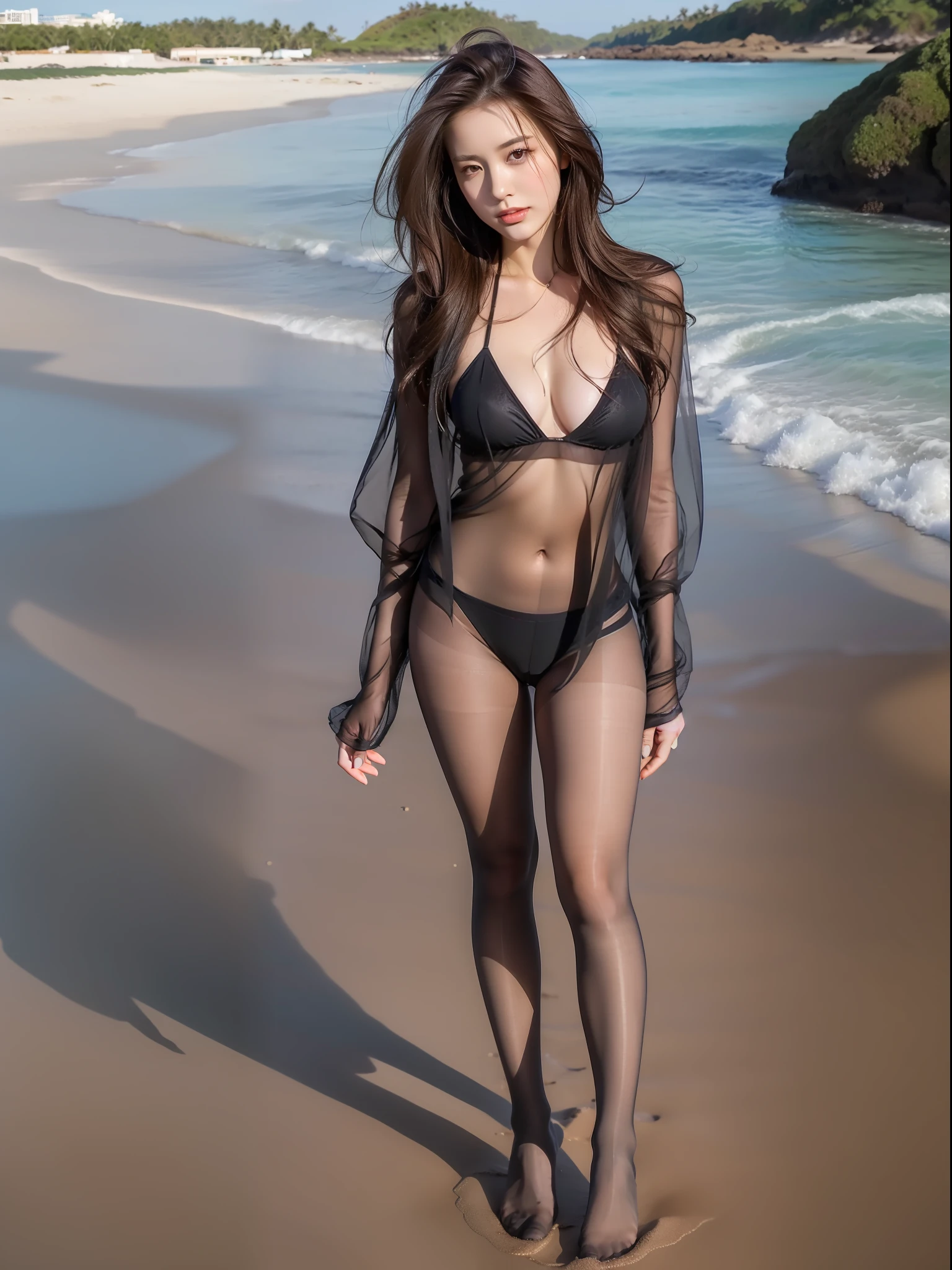 8K, RAW photo, high quality, realistic, professional lighting, face lighting, full body, 28 years old woman, brown hair, brown eyes, small head, perfect chest shape, beautiful eyes, real face, real skin, textured skin, erotic, gray pantyhose, on the beach, tease
