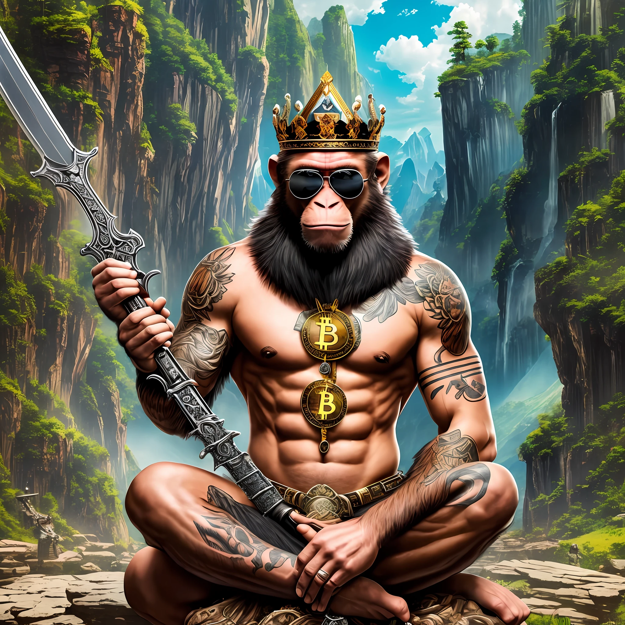 (high quality image), monkey sitting, holding bitcoin, Tattooing on body, sunglasses, sword of a king, (landscape of a king's throne) --auto --s2