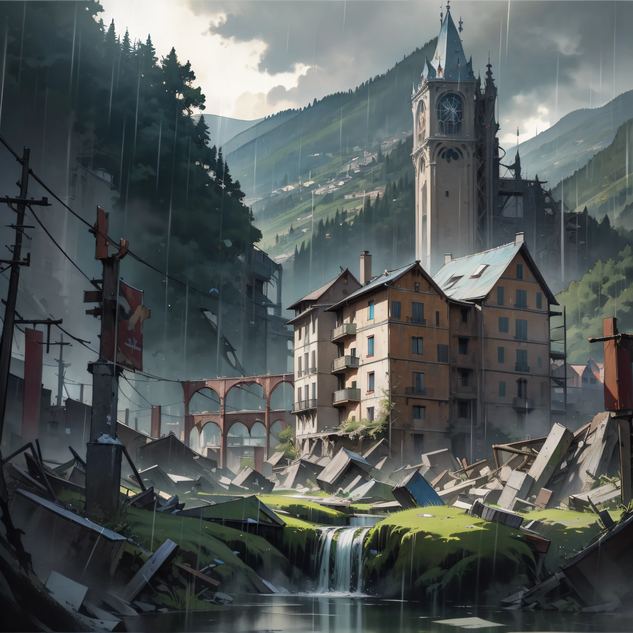 chamonix, france, alps, ((Masterpiece)), village, moutains, waterfall, (apocalyptic), (ruins), (chaos), (rain), (desperate atmosphere: 1.3)