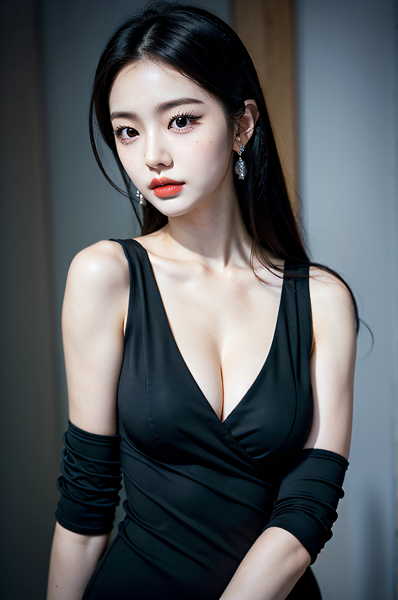 there is a woman with a black dress posing for a picture, gorgeous young korean woman, beautiful young korean woman, beautiful south korean woman, young adorable korean face, portrait of female korean idol, popular korean makeup, popular south korean makeup, korean face features, korean girl, asian beautiful face, soft portrait shot 8 k, korean woman, feminine beautiful face, gorgeous face portrait, big breast, black dress