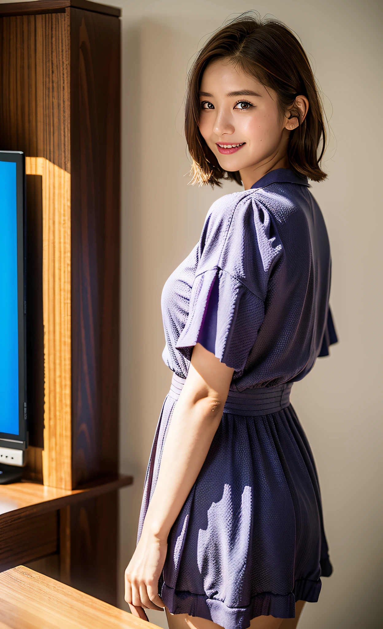 a woman standing on top of a table next to a tv, by Sengai, reddit, happening, thighs close up, taken from behind, slush, webcam, photorealistic,ultra high res,(masterpiece:1.4), best quality,extremely detailed CG unity 8k wallpaper, 1girl,UHD, Extreme details, glowing skin,highly intricate texture details, strong rim light, intense shadows, SIGMA 35mm F1.4,RPG,standing,
16 years old,small_breasts,short straight hair,marnie hair,gradation hair,beige hair,lavender eyes,aqua lips,red clothing,smile,weaving,villager,casual wear,Fantasy dress with Victorian,farm,