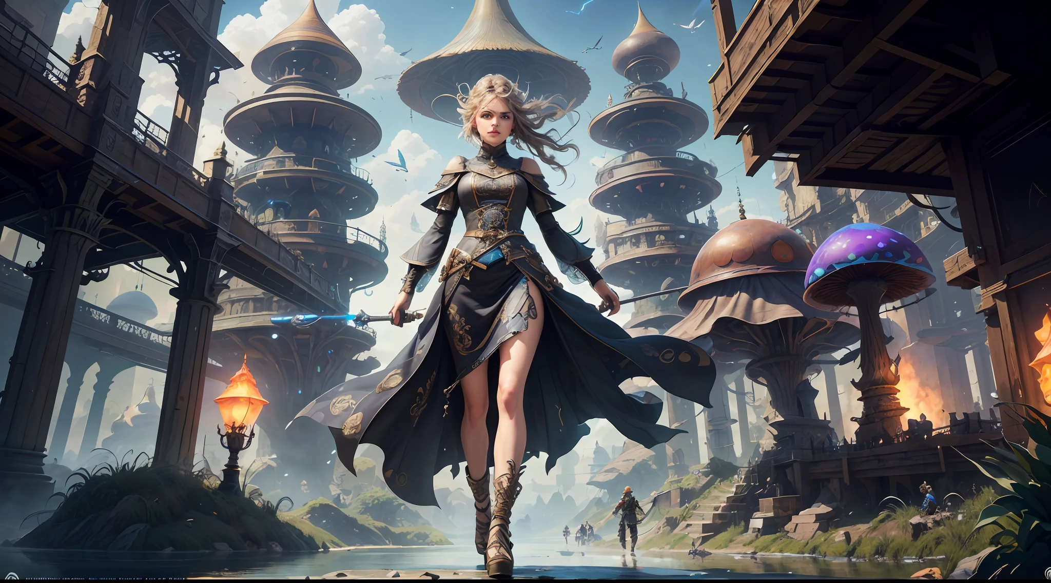 (((Multiplayer, Vivid eyes, men and women))), Best Quality, Realistic, Realistic, Award-Winning Illustrations, (Intricate Details: 1.2), (Fine Details), (Intricate Details), (Cinematic Light, Best Quality Backlight), Clear Lines, Sharp Focus, Official Art, Unity 8k Wallpaper, Ridiculous, Incredibly Absurd, Fantasy Art, RTX, ((Award-winning Triangle Studio Close-up Photo)), 1 Boy, (Shut Up), Best Quality, 4K, beautiful mysterious creatures, female, flying, surrealism, masterpiece by NCWINTERS, in a mysterious country town, masterpiece, intricate details, ff14style, urban painting, bridge, river, giant mushroom, landscape, bright colors, ((((full body image))),
