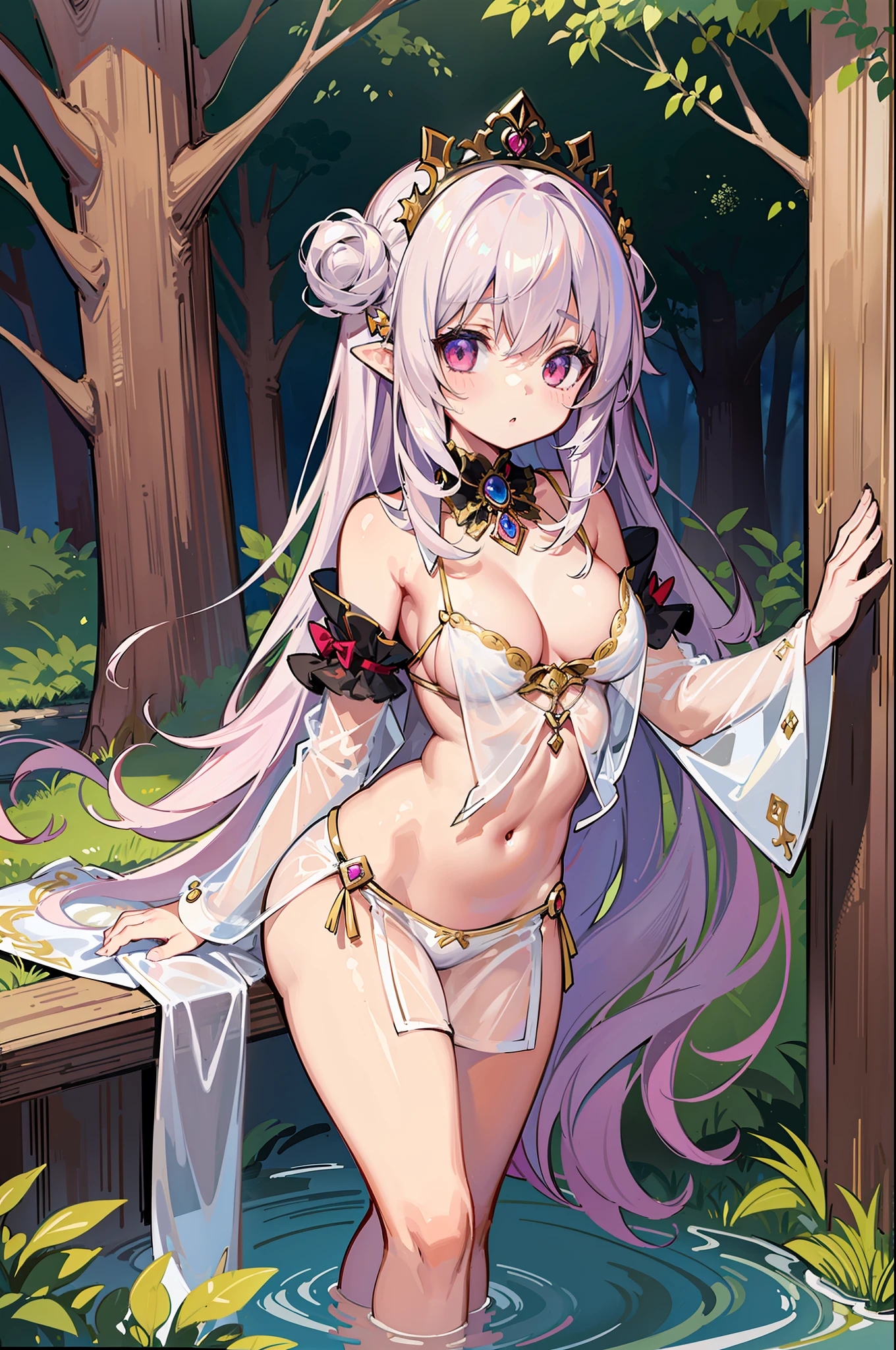 (MASTERPIECE), (Best Quality), (Ultra Detail), Official Art, One Girl, Light-Colored Hair , Petite Girl, Fairy Lolie-Through Robe, Small Breasts, Cleavage, Off Shoulder, Underboob, Side Boob, Thigh Focus, Navel Out, Card Illustration, Deep Forest Fountain