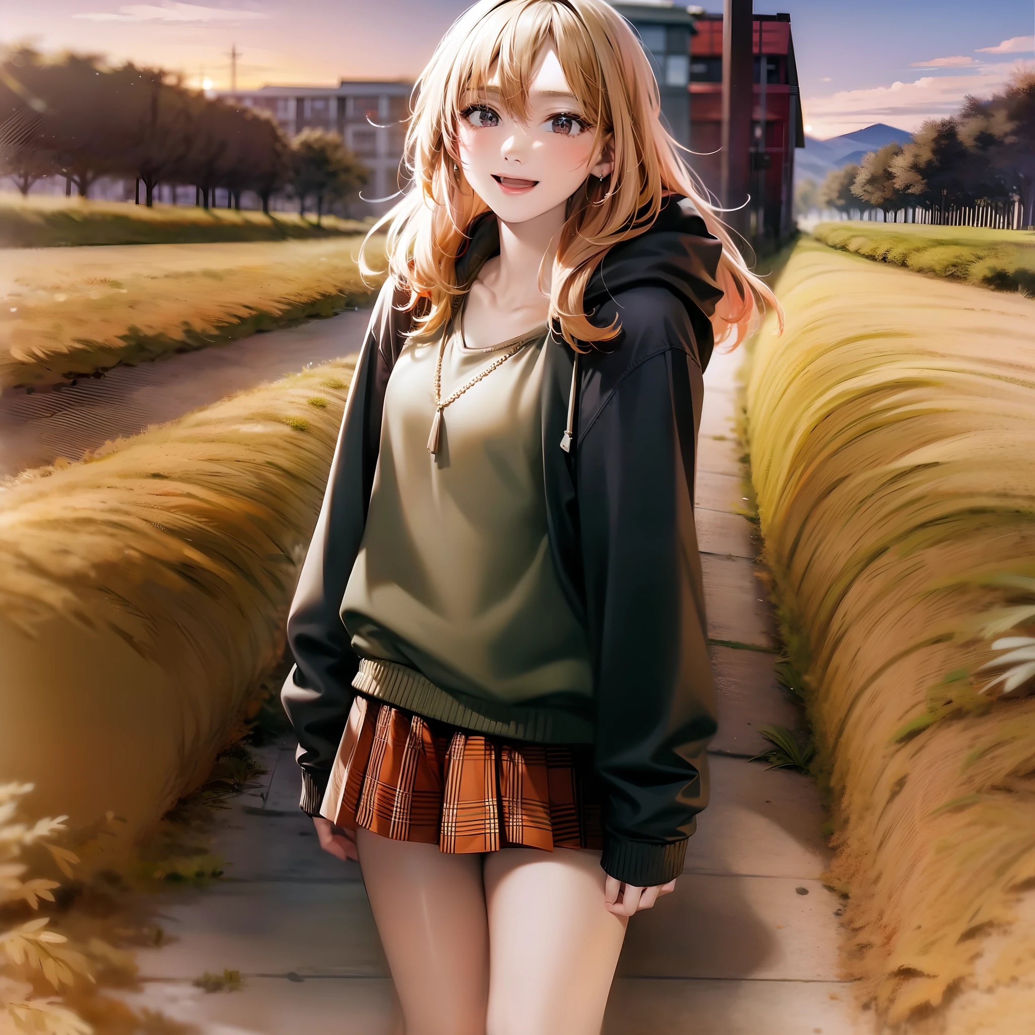 Top Quality, Best Masterpiece, 1 Woman, Solo, 22 years old, (Close Eyes: 1.4), Laugh with Open Mouth, Looking at the camera, Blonde, Red hoodie, White underwear, black loafers, Argyle check skirt, cleavage, blushing, red eyes, evening, lots of rice fields, standing in the middle of a country road, hands raised, big sunset, orange view, small necklace, full body