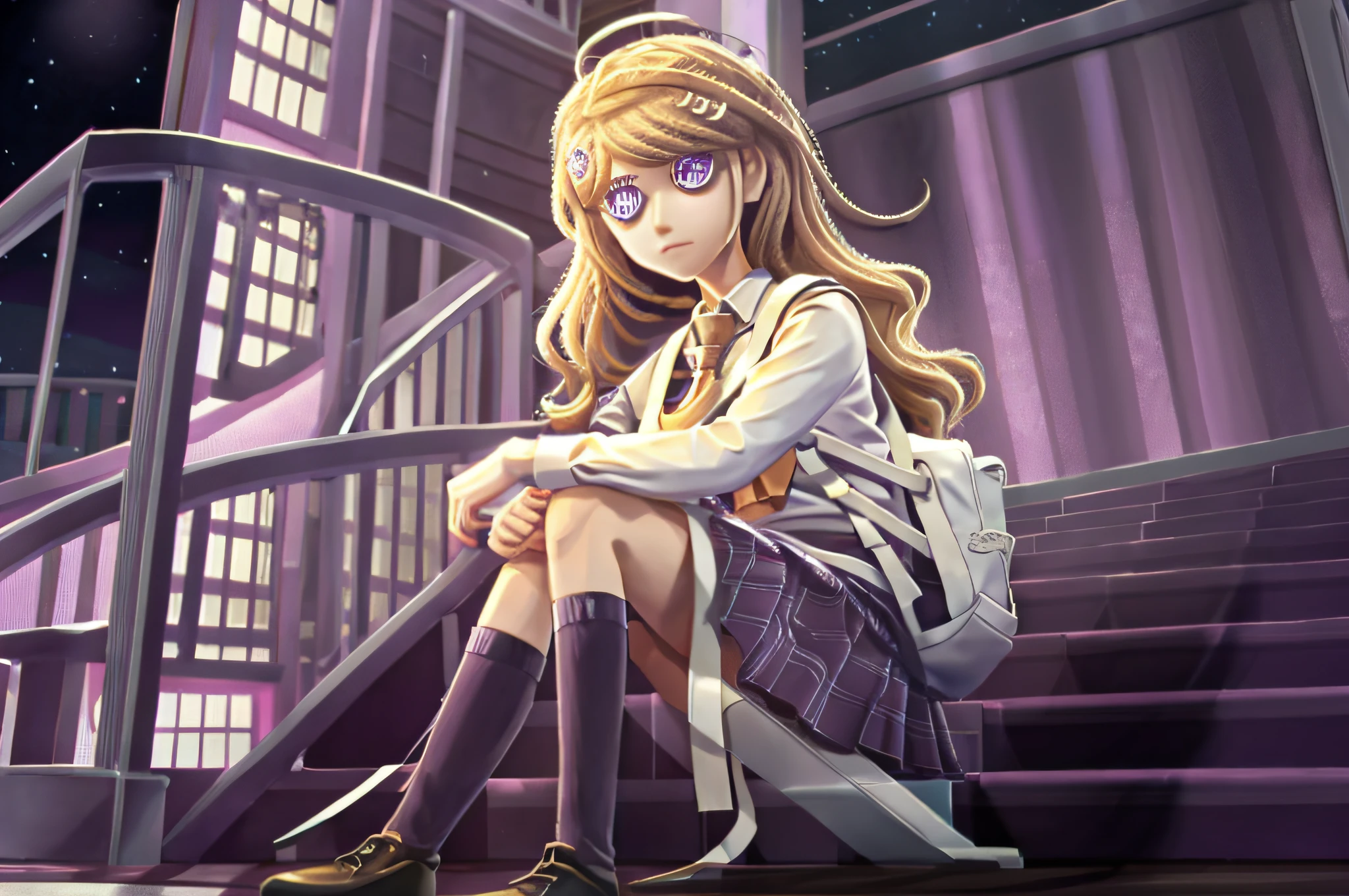 Identity V, Kaede has shoulder-length light blonde hair, purple eyes, and a prominent chokehold. She uses silver hairpins shaped like musical notes. He wears his high school uniform, which consists of a white long-sleeved shirt complete with a light purple hemmed sweater vest adorned with a reddish-brown badge and tie. She wears a purple skirt adorned with a black music cane and a pattern of notes, purple stockings reaching below her knees and beige shoes, Kaede also carries a square-shaped white backpack.