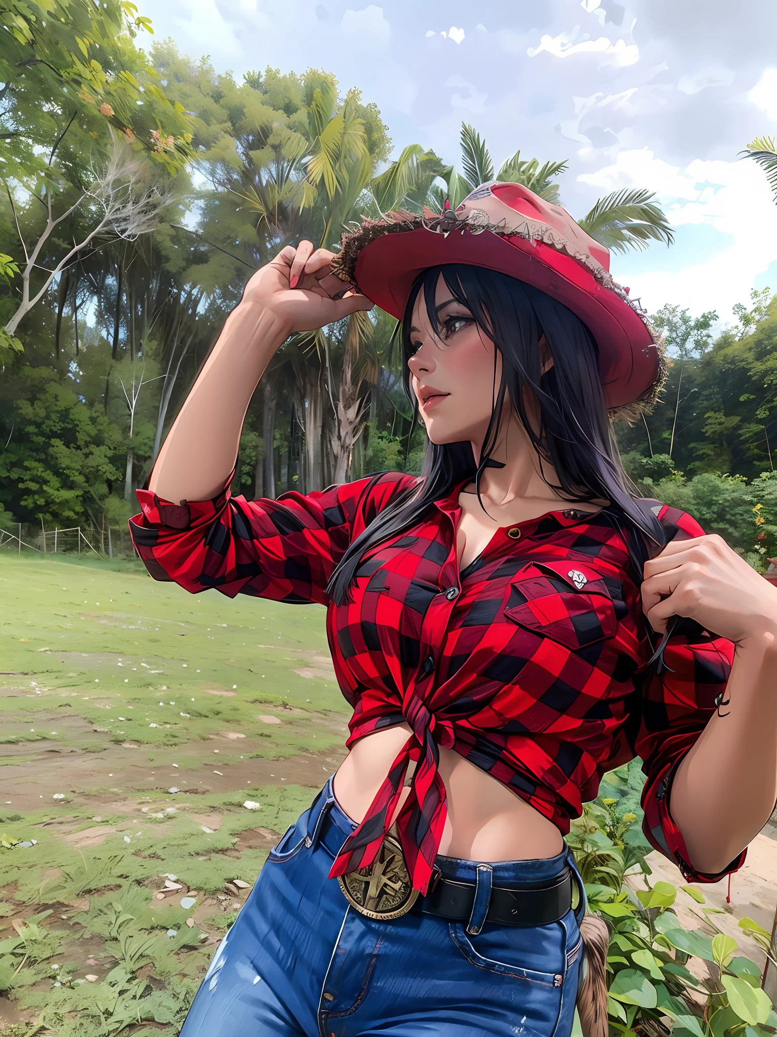 Araffe woman in a red and black plaid shirt, open on the chest,(((breasts out black lace bra)) , jeans posing for a photo, alanis guillen, cowgirl, karla ortiz, , lorena avarez, wearing a red lumberjack shirt, cow-girl, wearing a , wearing farm clothes, fernanda suarez, 🐎🍑 🏇 ❌ 👰 🍃 🤠 , by Luis Miranda 🖥