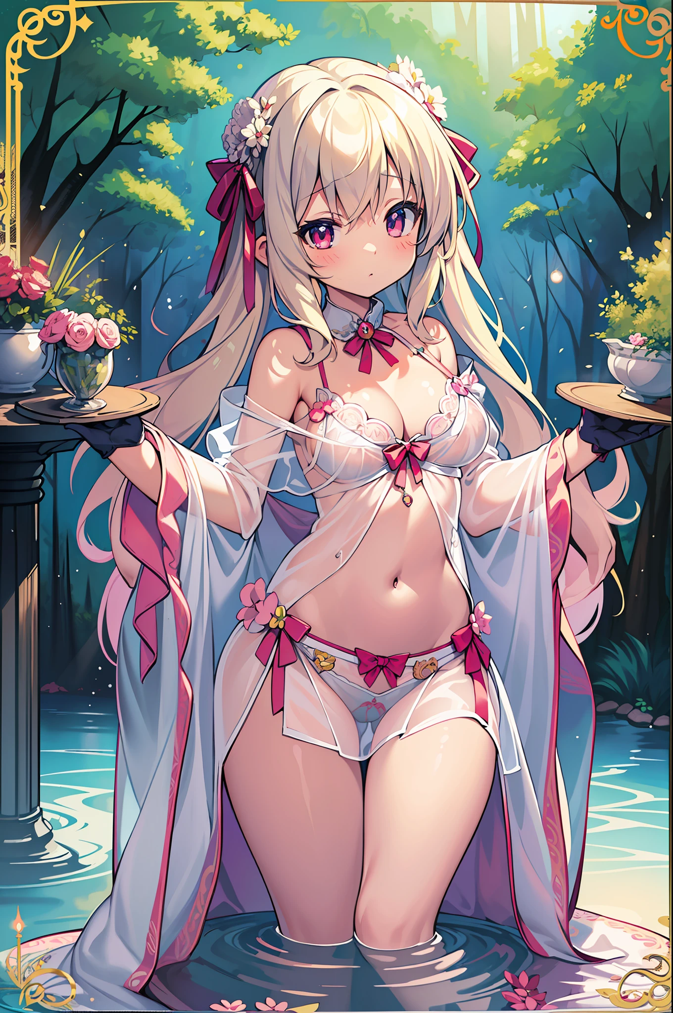 (MASTERPIECE), (Best Quality), (Ultra Detail), Official Art, One Girl, Light-Colored Hair Loli, Petite Girl, Fairy Loli, See-Through Robe, Small Breasts, Cleavage, Off Shoulder, Underboob, Side Boob, Thigh Focus, Navel Out, Card Illustration, Deep Forest Fountain