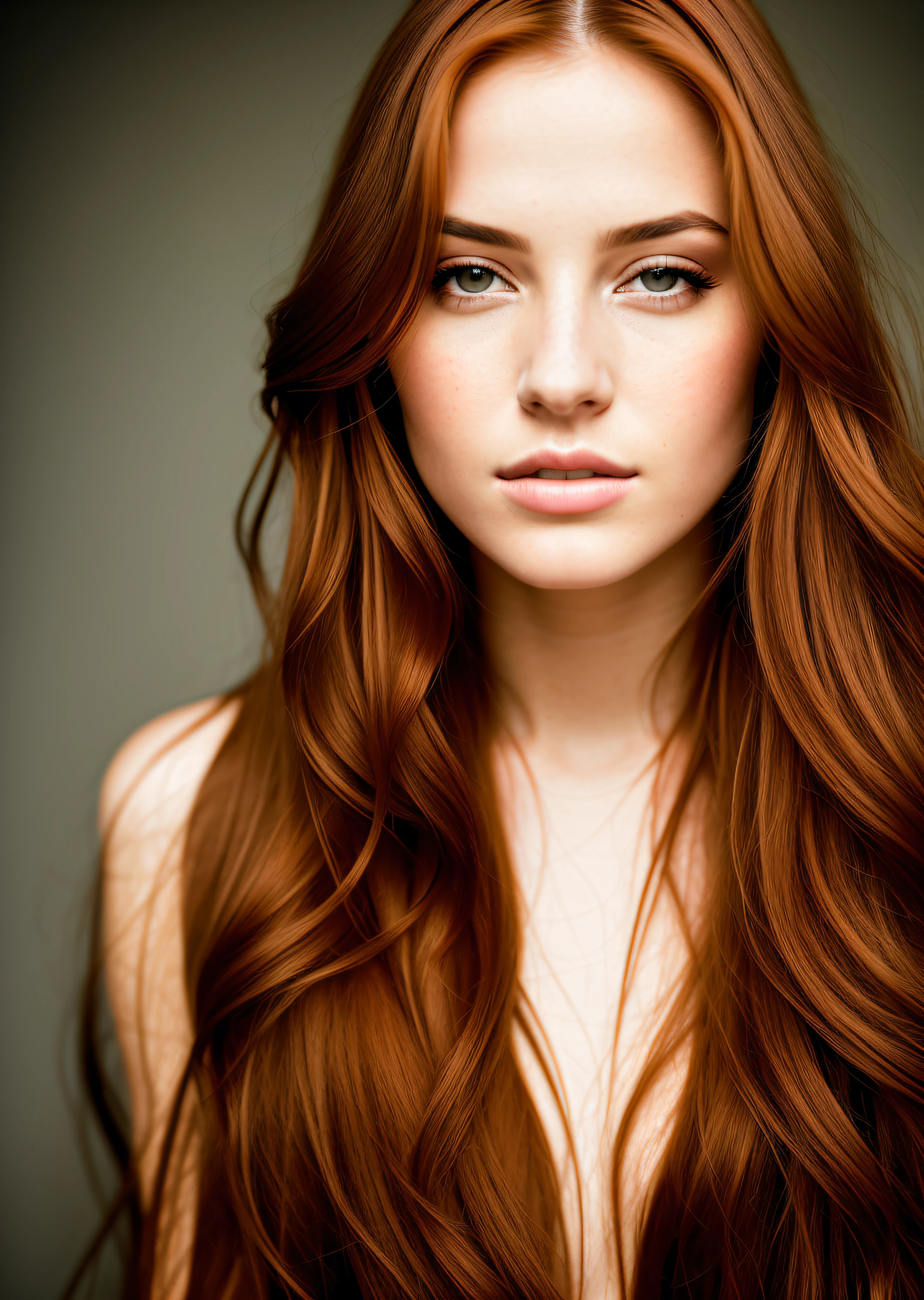 RAW, style, A stunning portrait of a young and beautiful woman with striking features. She must have long red hair, a captivating look and a seductive expression. The background should be neutral and simple, allowing the woman to be the focal point of the image. Please pay close attention to details, such as highlights and shadows on your face and hair, to create a realistic and realistic image. Try different lighting techniques to improve the mood and atmosphere of the portrait. The final product should be a masterpiece that captures the essence and beauty of the woman, ((highly detailed skin, skin details)), sharp focus, volumetric mist, 8k UHD, DSLR, high quality, film grain, Fujifilm XT3, full body