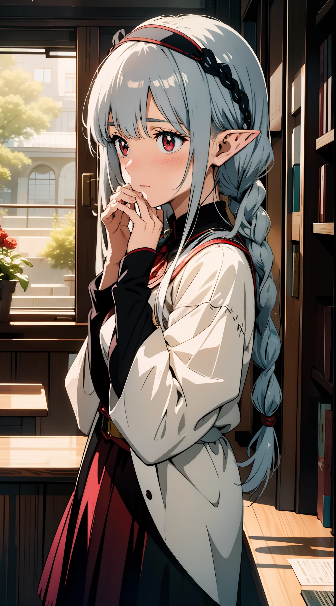 Close up portrait of one girl, elf, silver hair, red eyes, braid, library, putting her hands on her face, embarrassed, blush, concept art, beautiful anime scene, best quality, 4K