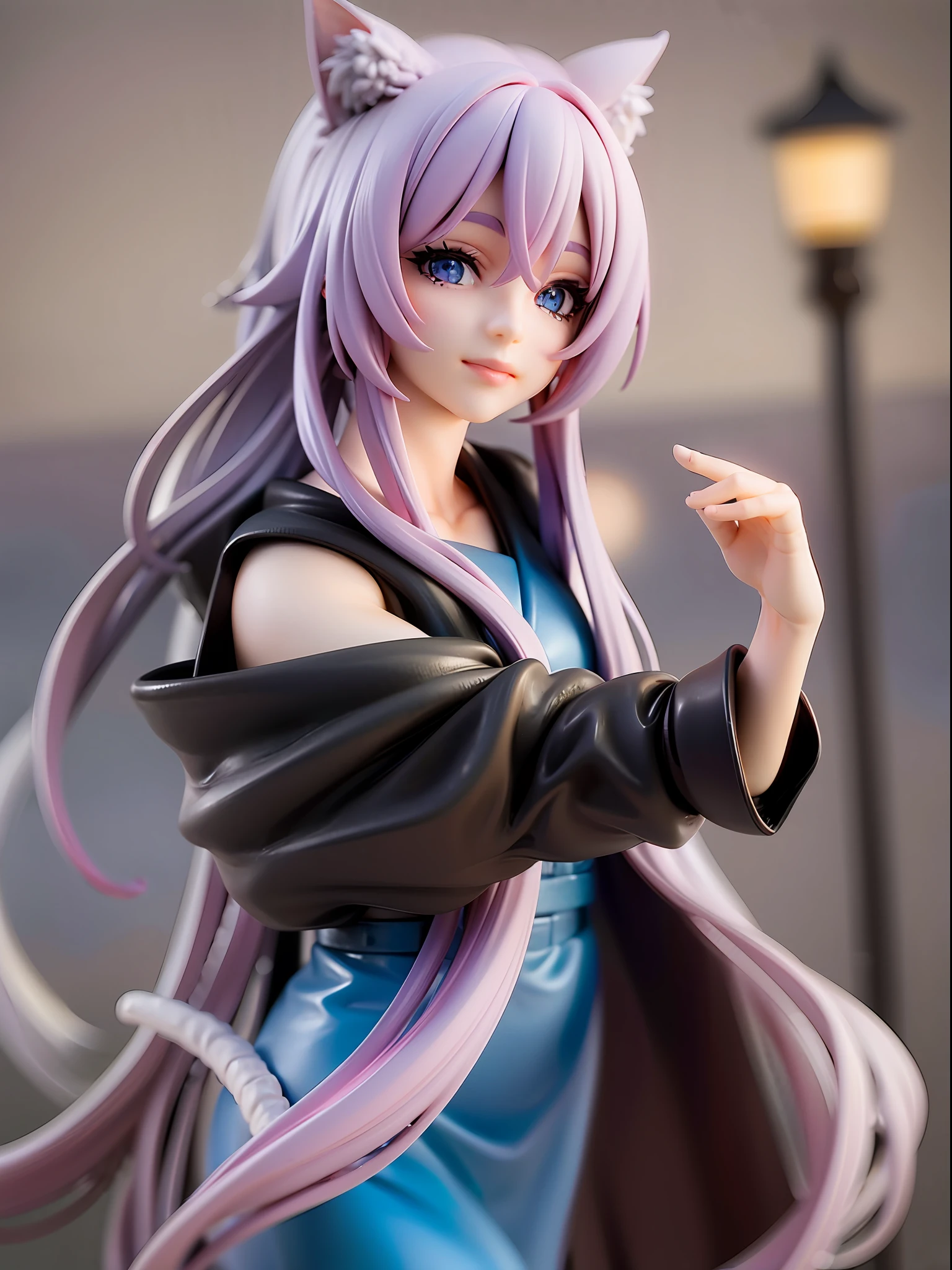 1girl, cat ears, cat tail, long blue hair, beautiful bright blue eyes, smiling, wearing a light pink kimono, standing under a night sky with a full moon, surrounded by blue roses, [realistic], [3d], (8k, RAW photo, best quality, masterpiece:1.2), ultra high res, photo realistic, professional lighting, detailed lighting, professional photography, high quality, high res, extremely detailed, bloom, depth of field, sketch, sharp focus, soft lighting, detailed, detailed skin, to8contrast style.