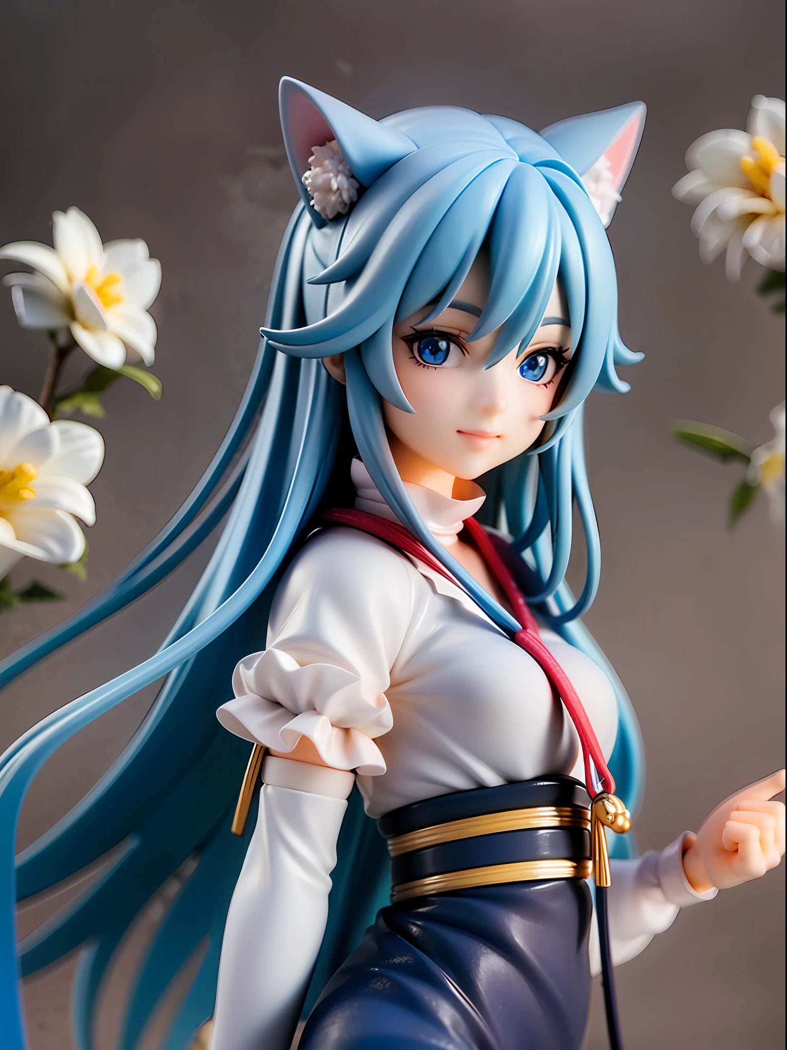 1girl, cat ears, cat tail, long blue hair, beautiful bright blue eyes, smiling, wearing a white kimono, standing under a night sky with a full moon, surrounded by blue roses, [realistic], [3d], (8k, RAW photo, best quality, masterpiece:1.2), ultra high res, photo realistic, professional lighting, detailed lighting, professional photography, high quality, high res, extremely detailed, bloom, depth of field, sketch, sharp focus, soft lighting, detailed, detailed skin, to8contrast style.
