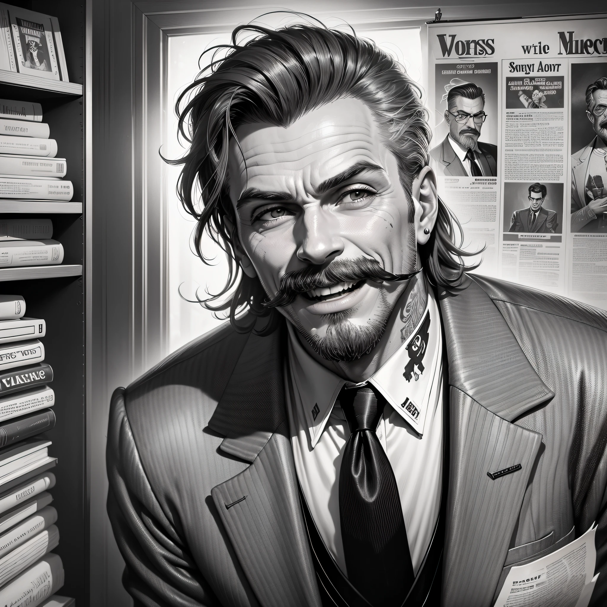 vintage advertising, man laughing, laughing, classic ad, cyberpunk, black and white, man in elegant gray suit, classic mustache, classic ad, elegant, with tattooed neck, an old school dagger tattooed on the face from the left side under the eye, laughing, classic ad, vintage art, illustration, upper body perspective, advertising copywriter, 1940, sd-pulp background, newspapers in the background