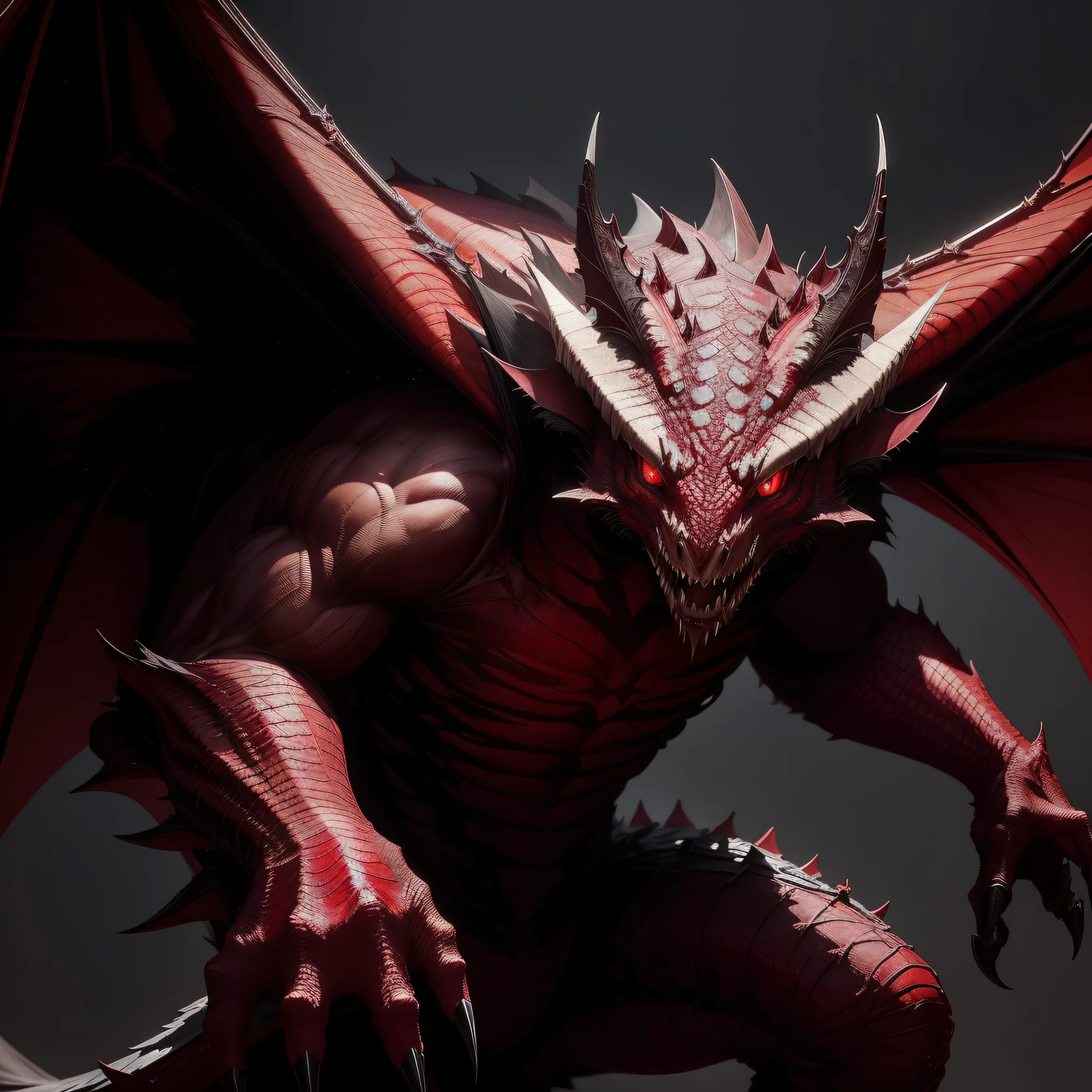 Its appearance is sinister and majestic, with dark red scales reminiscent of the tone of clotted blood. His body is agile and slender, with piercing eyes of red color. Its claws and teeth are sharp as blades, and it has membranous wings that resemble those of a bat. --auto --s2
