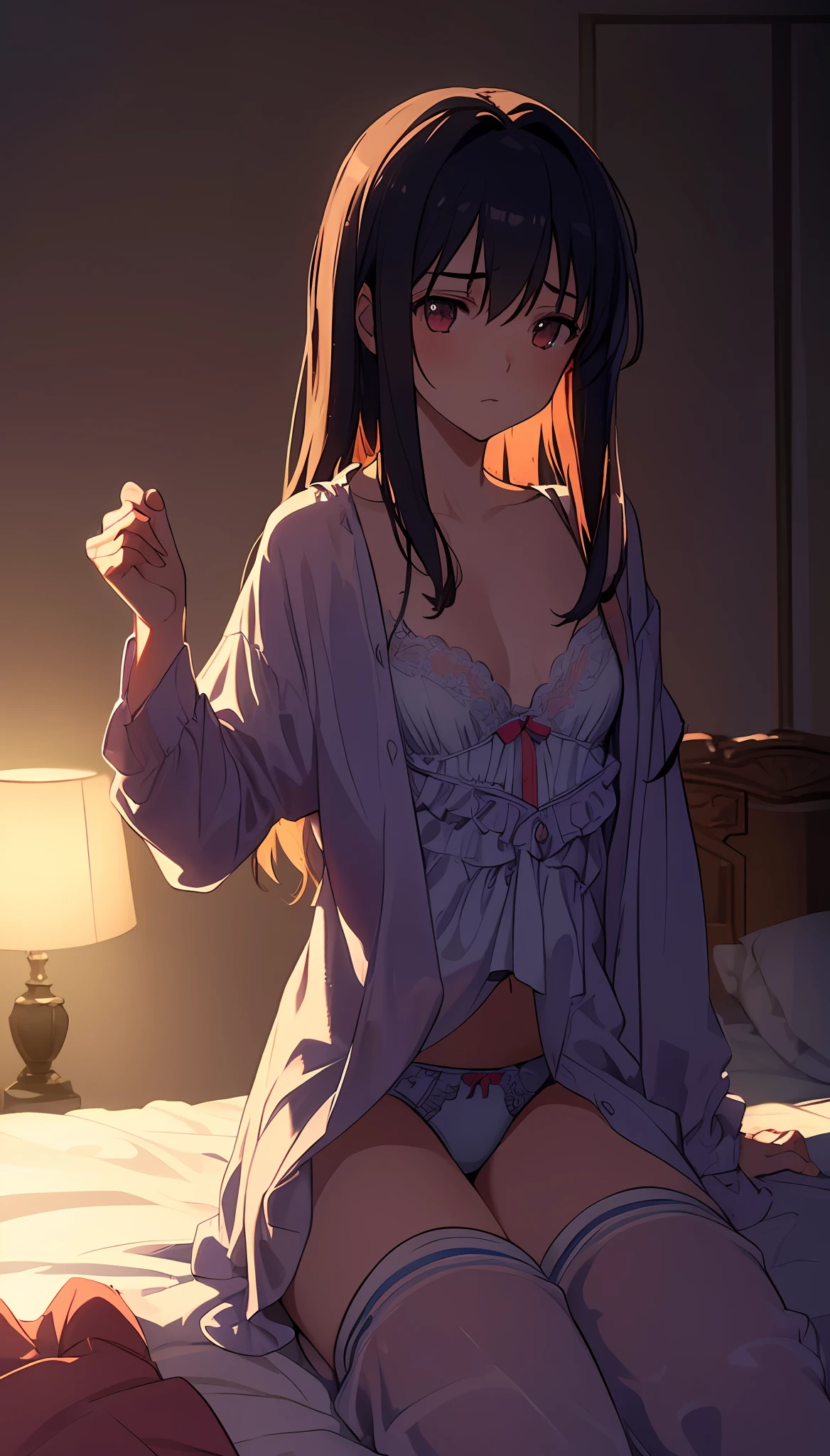 ((Masterpiece), (Best Quality))
(super detailed), (disheveled hair), big, cute clothes, taking off clothes, underwear, bust up,
(Twilight, (Dramatic Lighting)), (Soft Focus)
(vivid colors), (mysterious atmosphere), (small breasts), , bedroom, (laying on bed), (view from top)
