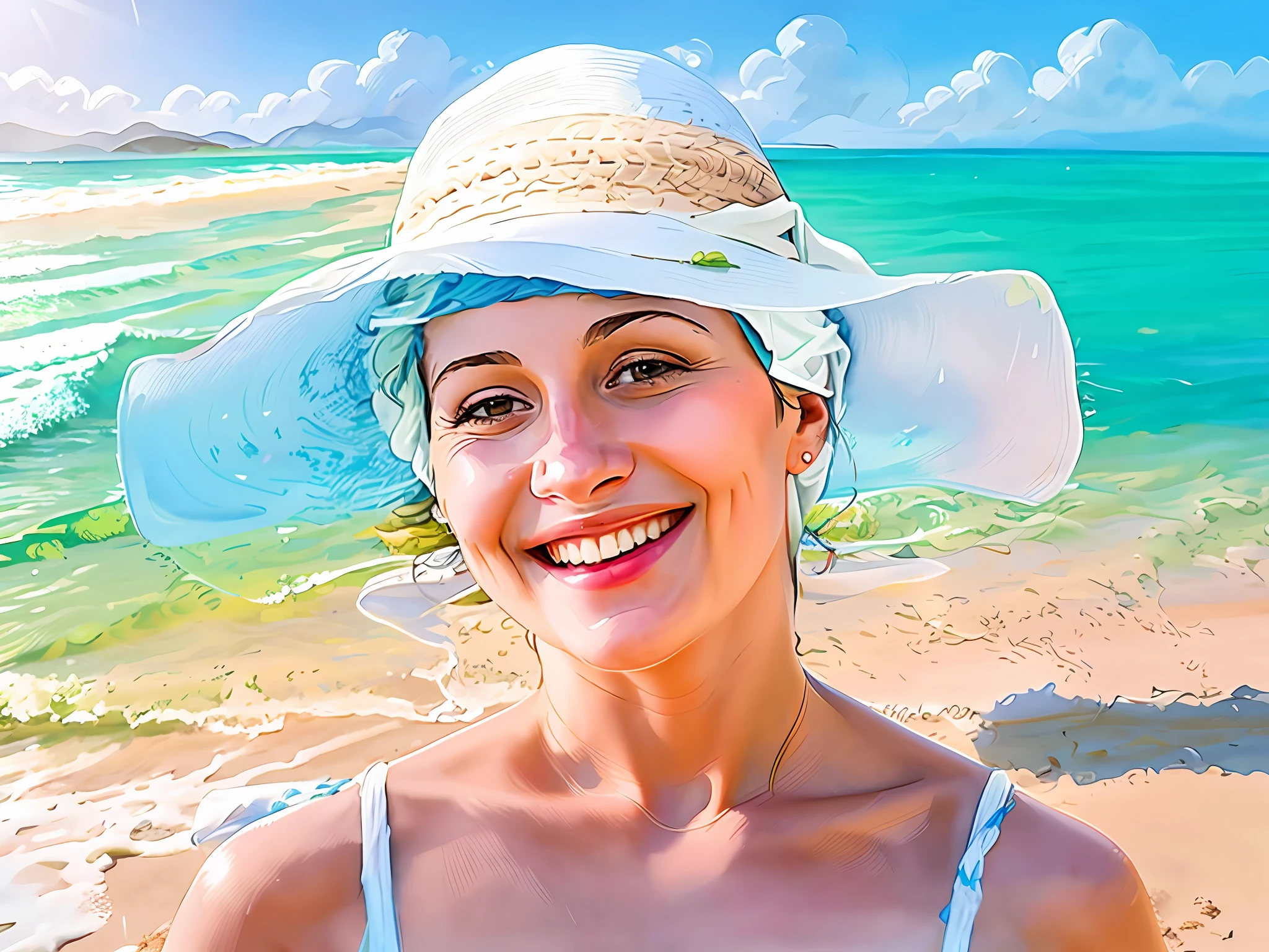 smiling woman in a hat on the beach with a blue sky in the background, color portrait, happy italian beach scene, digital art but photo, vacation photo, in a oil painting style, wearing a white bathing cap, serene smile, beach pic, digital art picture, stylized portrait h 640, portrait digital art, with a beautifull smile