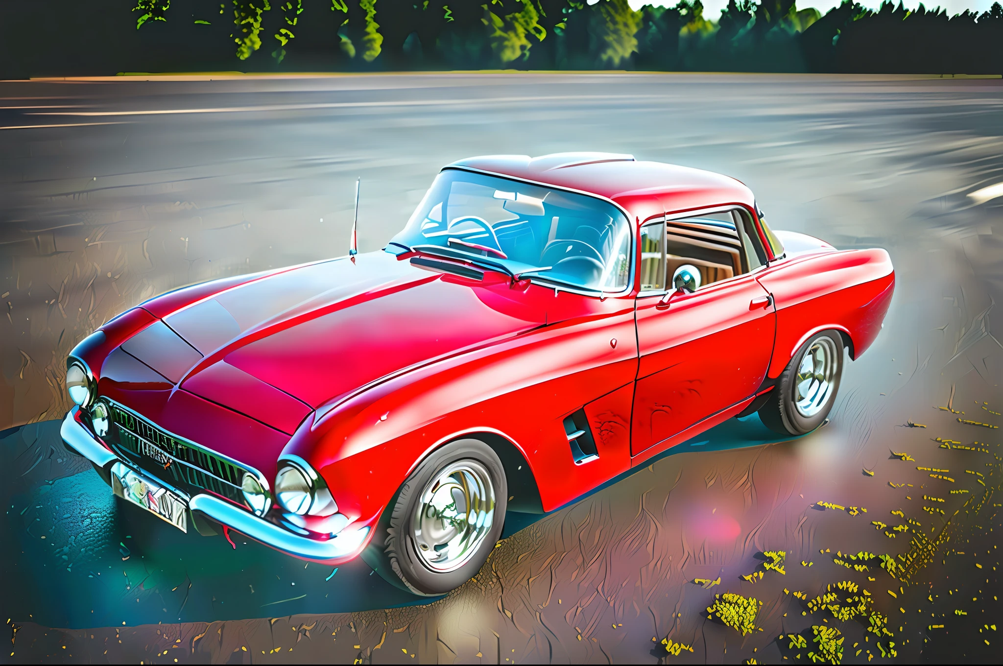 photo of a red 1960 Corvette, high quality photo, 8k resolution, warm ambient light, volumetric light, isometric top view