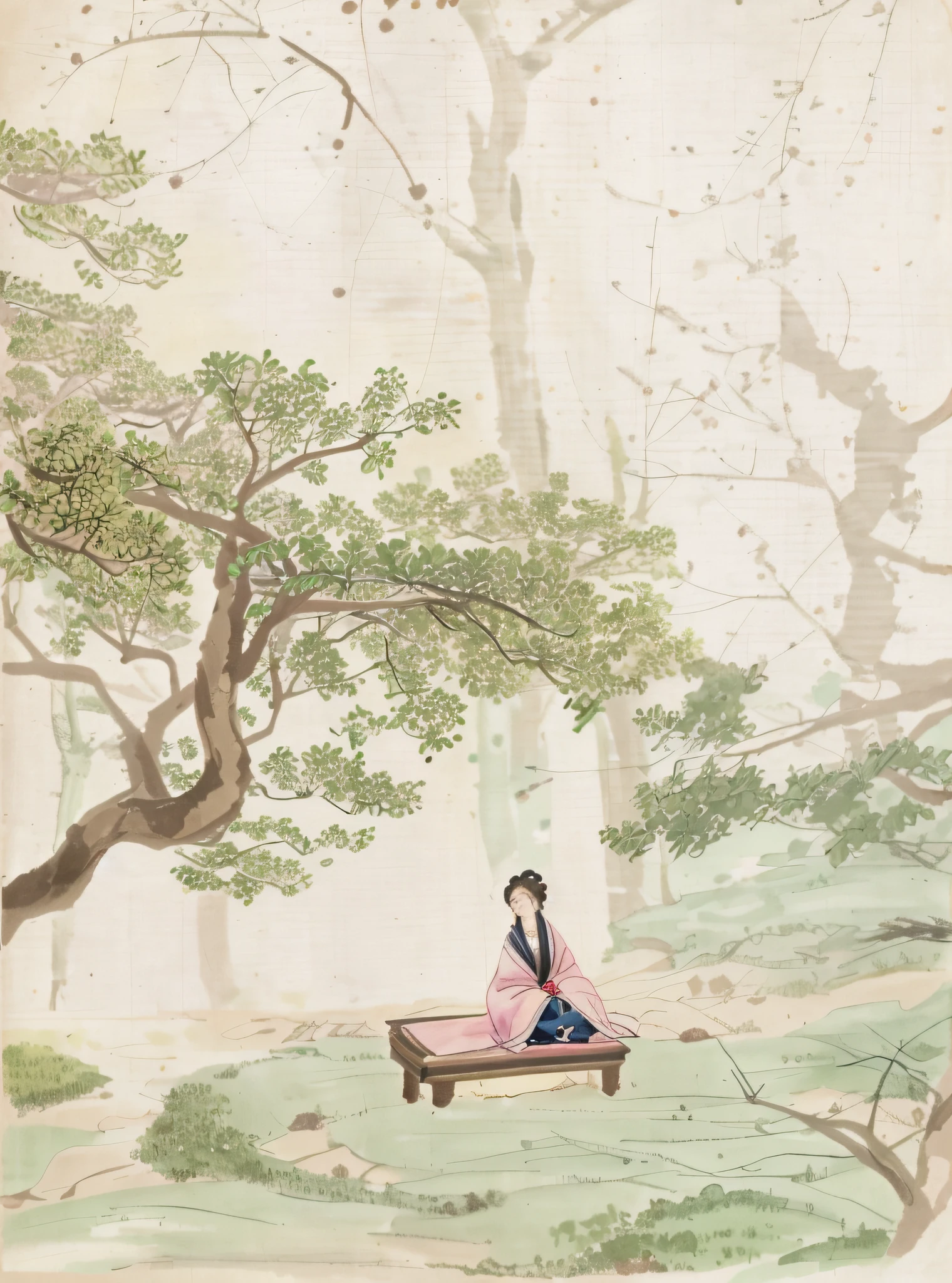 There is a long-haired woman sitting on a bench under a tree by ruffling her hair with her hands, inspired by Shen Yunfu, inspired by Shen Shizhen, Chinese-style painting, inspired by Emperor Huizong of Song, by Zheng Shan, by Guan Daosheng, by Lu Ji, Chinese painting style, inspired by Byeon Sang-byeok