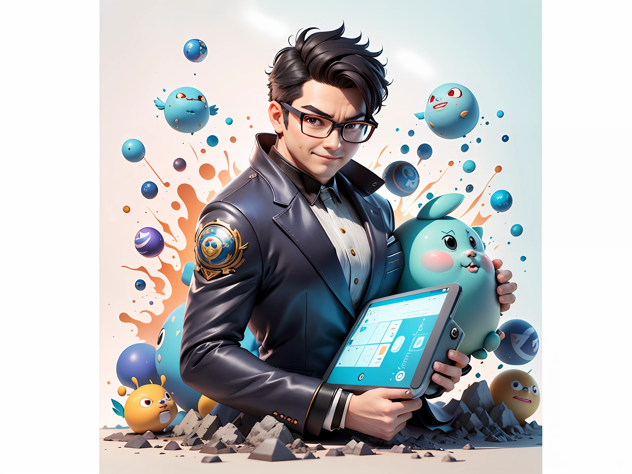 Masterpiece), (Excellent), (Super Meticulous), (Full Body: 1.2), Super Young Woman, Beautiful, Sexy, Bursting, Oriental Face, TV Anchor, Bust Portrait Illustration, Alone, Black Suit, Blue Tie, Silver Glasses, Slightly Chubby Face, Very Clean Face, No Beard, Black Super Short Hair, Black Eyes, Confident Smile, 3c Computer Sub-Products, iPad, iPhone, Digital Painting, 3D Character Design by Akira Toriyama with Mark Claireden and Pixar and Hayao Miyazaki, The illustration is a high-definition illustration in 4K resolution with very detailed facial features and cartoon-style visuals.