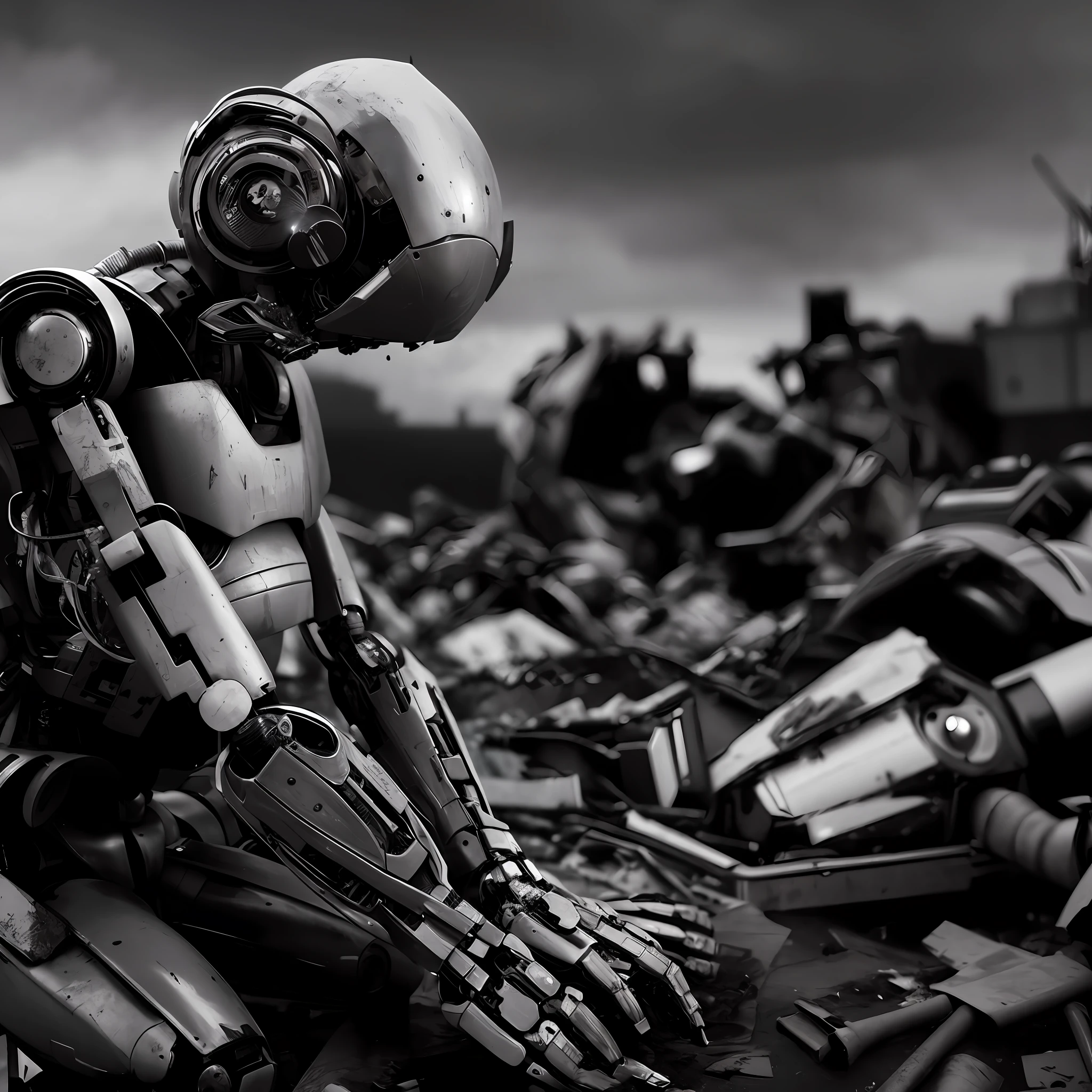 arafed robot sitting in a pile of garbage in a black and white photo, destroyed robots, robot photography, robot destruction, discarded mecha in the background, dystopian digital art, a still life of a robot, close-up of an old robot sitting, remains of destroyed robot dogs, future of this, pathetic robot, robotic, blurred background, sebastião salgado photography, award-winning photography