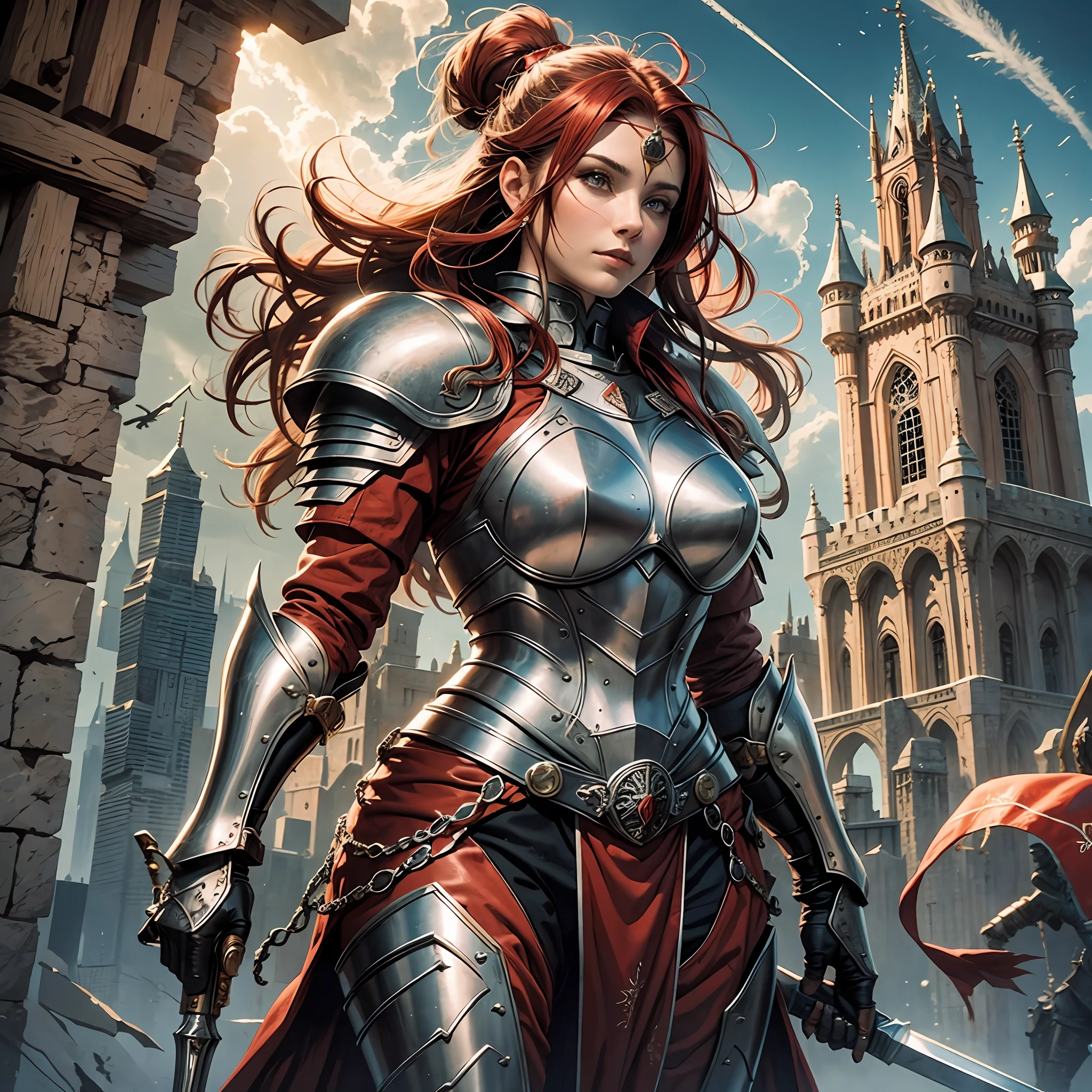 Beautiful warrior, with red armor, medieval castle --auto --s2