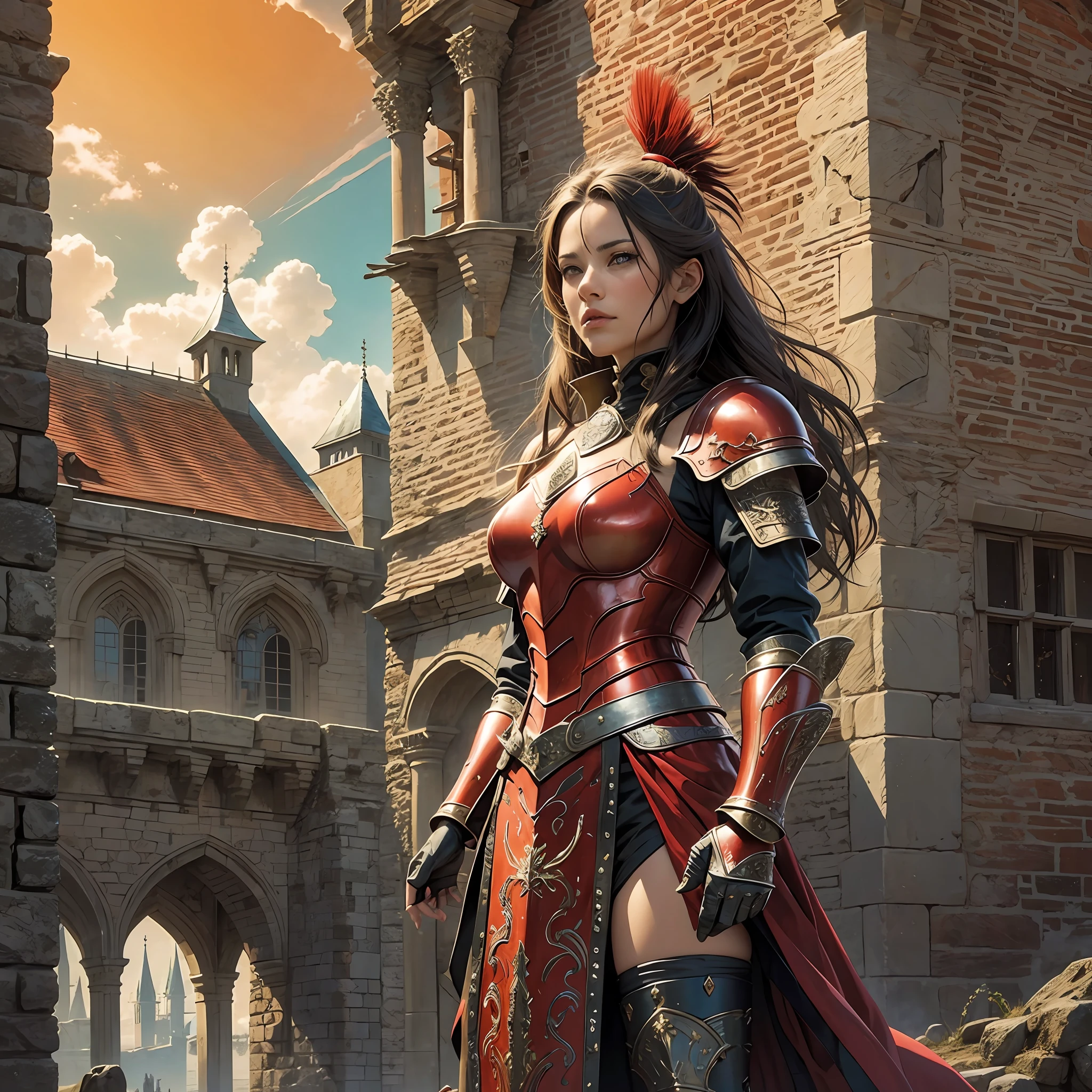 Beautiful warrior, with red armor, medieval castle --auto --s2