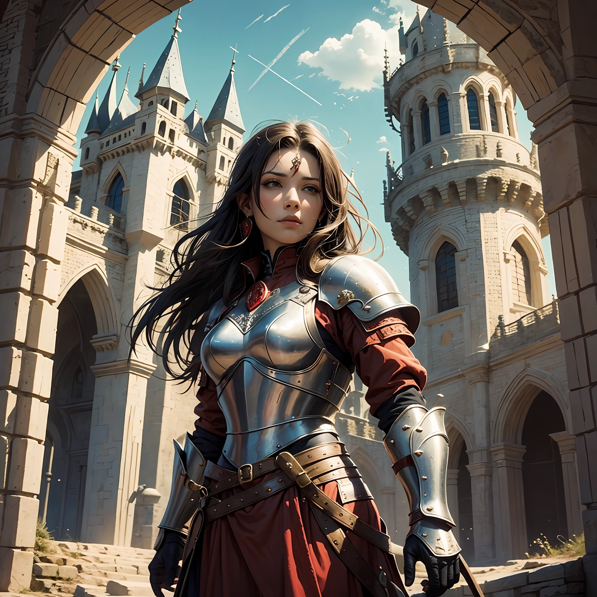 Beautiful warrior, with red armor, medieval castle --auto --s2