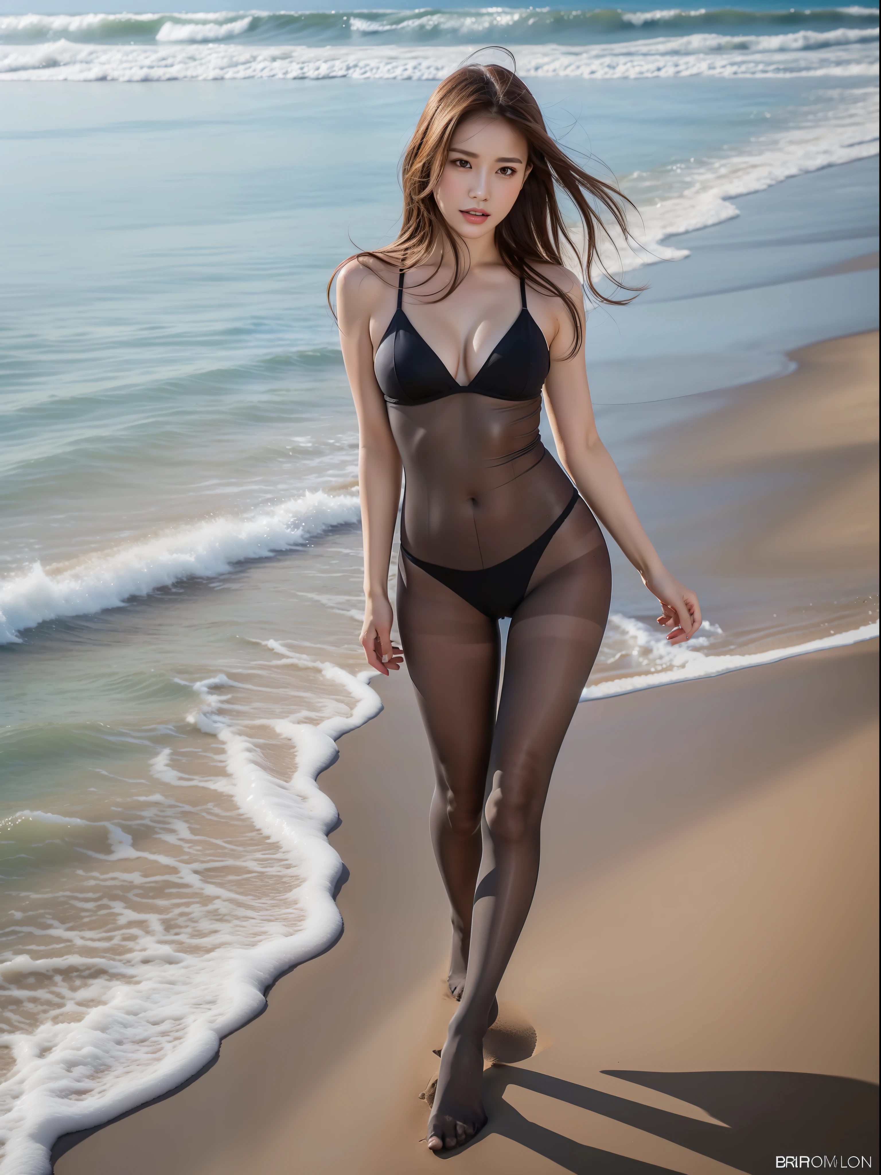 8K, RAW photo, high quality, realistic, professional lighting, face lighting, full body, 28 years old woman, brown hair, brown eyes, small head, perfect chest shape, beautiful eyes, real face, real skin, textured skin, erotic, gray pantyhose, on the beach, tease