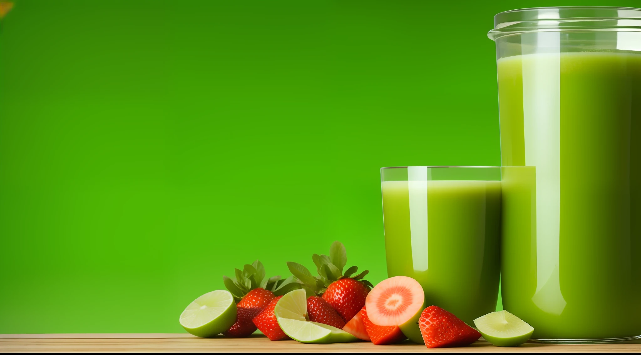 advertising photo ,fruits ,glass jar with green juice ,infinite infinite living green background blurred,cinematic blur 60,30,10